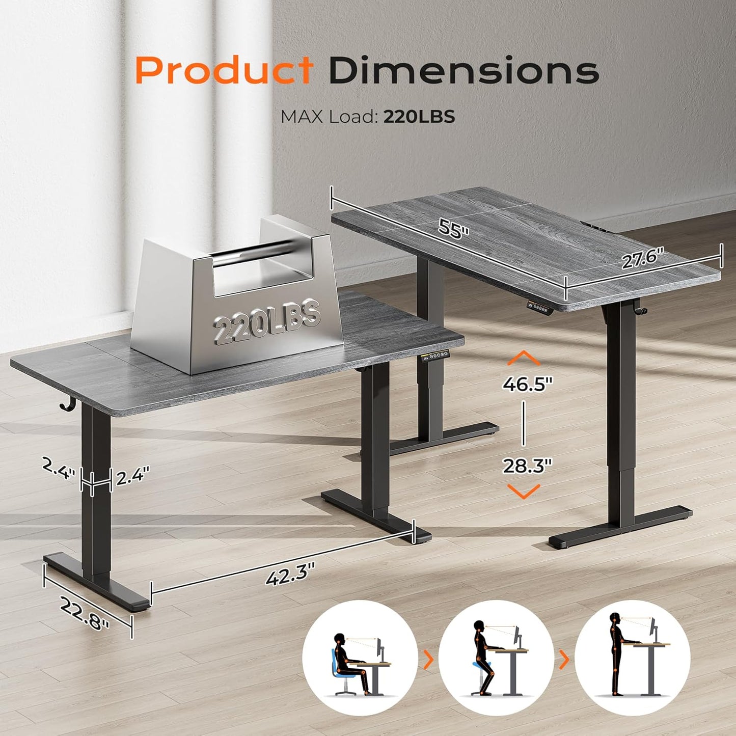 Huuger 55 x 28 Large Electric Standing Desk, Height Adjustable Desk, 27.6" Deep Desktop, Stand up Gaming Computer Office Desk with 2 Hooks, 3 Preset Heights, for Home Office, Grey
