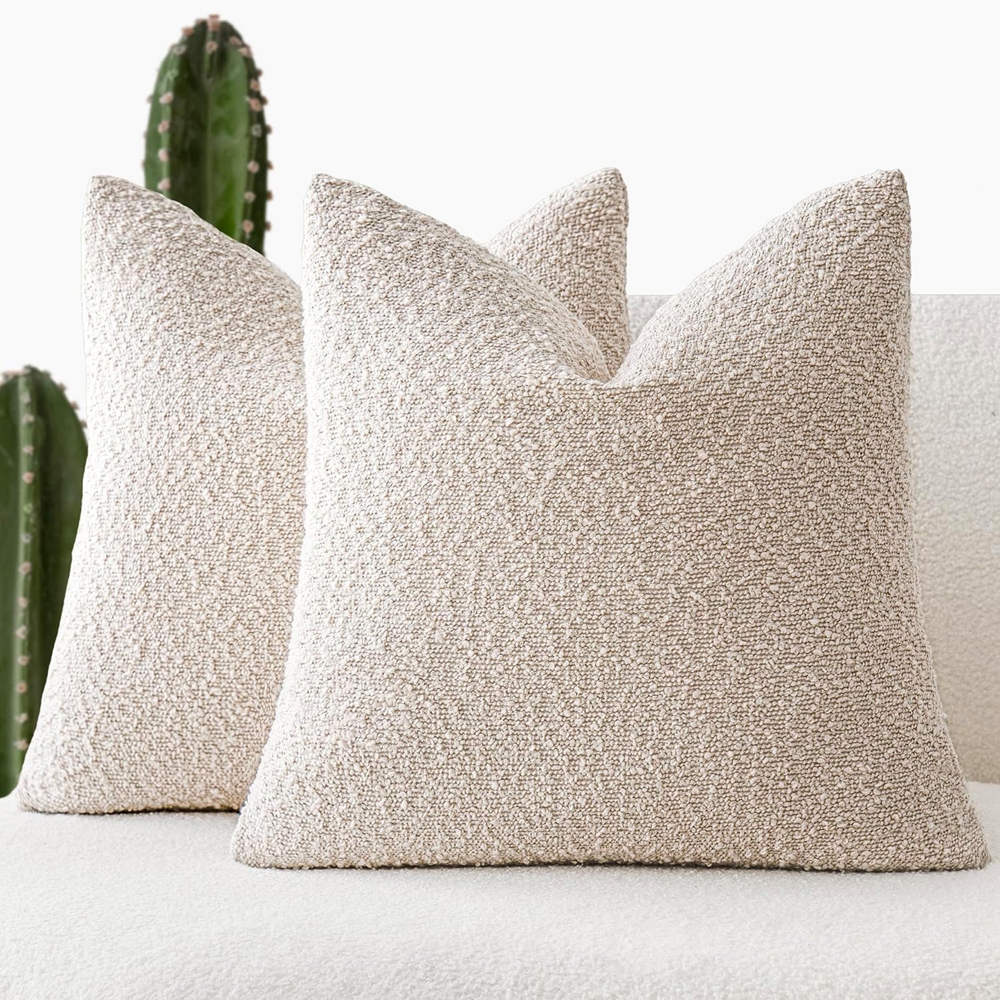 Foindtower Set of 2, Decorative Textured Boucle Throw Pillow Covers Accent Solid Pillow Cases Neutral Cozy Couch Cushion Case for Chair Sofa Bedroom Living Room Home Decor 24 x 24 Inch Ivory Beige