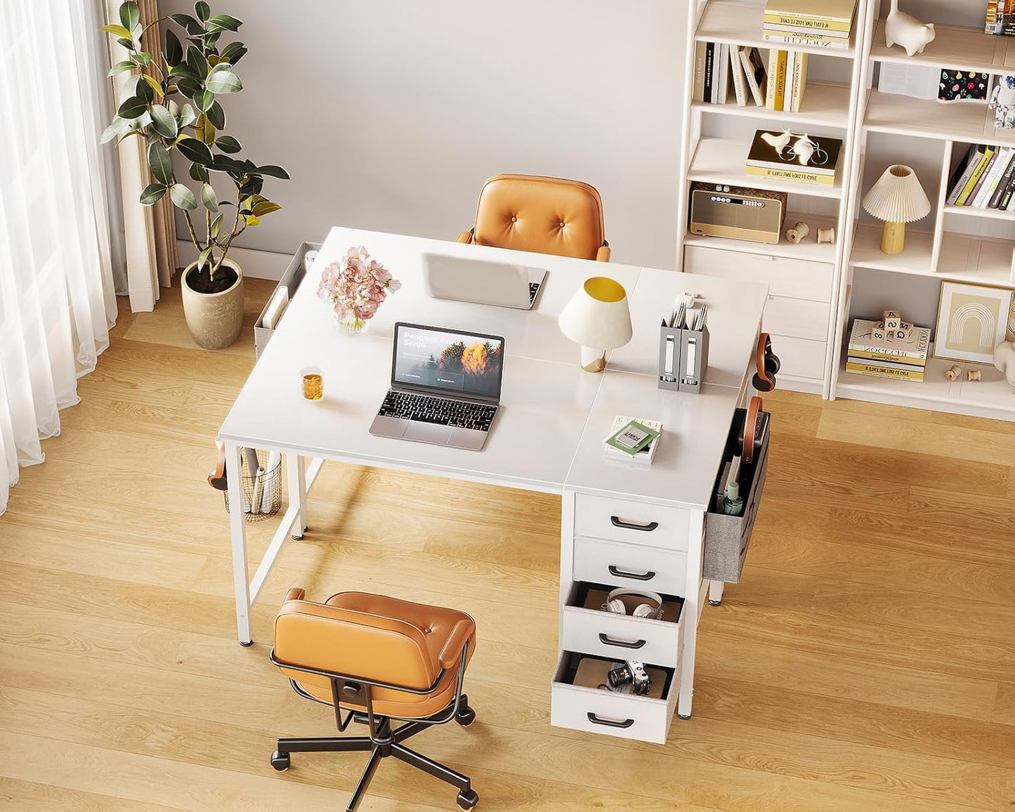 Casaottima 40-Inch Small Computer Desk with 4 Fabric Drawers — Home Office Desks with Storage, Writing Desk with Side Hook and Cloth Bag, Modern Study/Work Table for Bedroom and Small Space, White