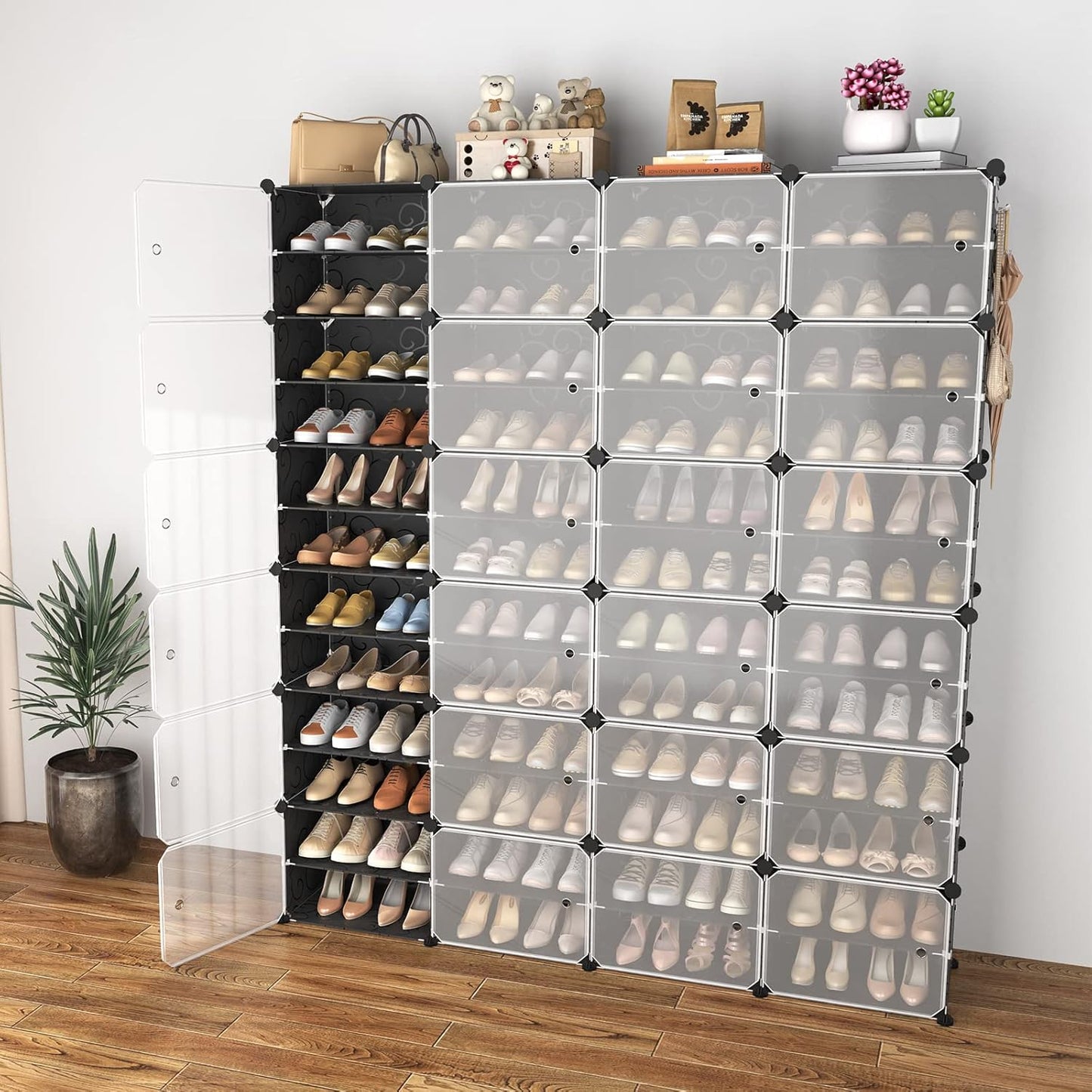 Portable Shoe Rack Organizer with Door, 96 Pairs Shoe Storage Cabinet Easy Assembly, Plastic Adjustable Shoe Storage Organizer Stackable Detachable Free Standing DIY Expandable 12 Tier Black