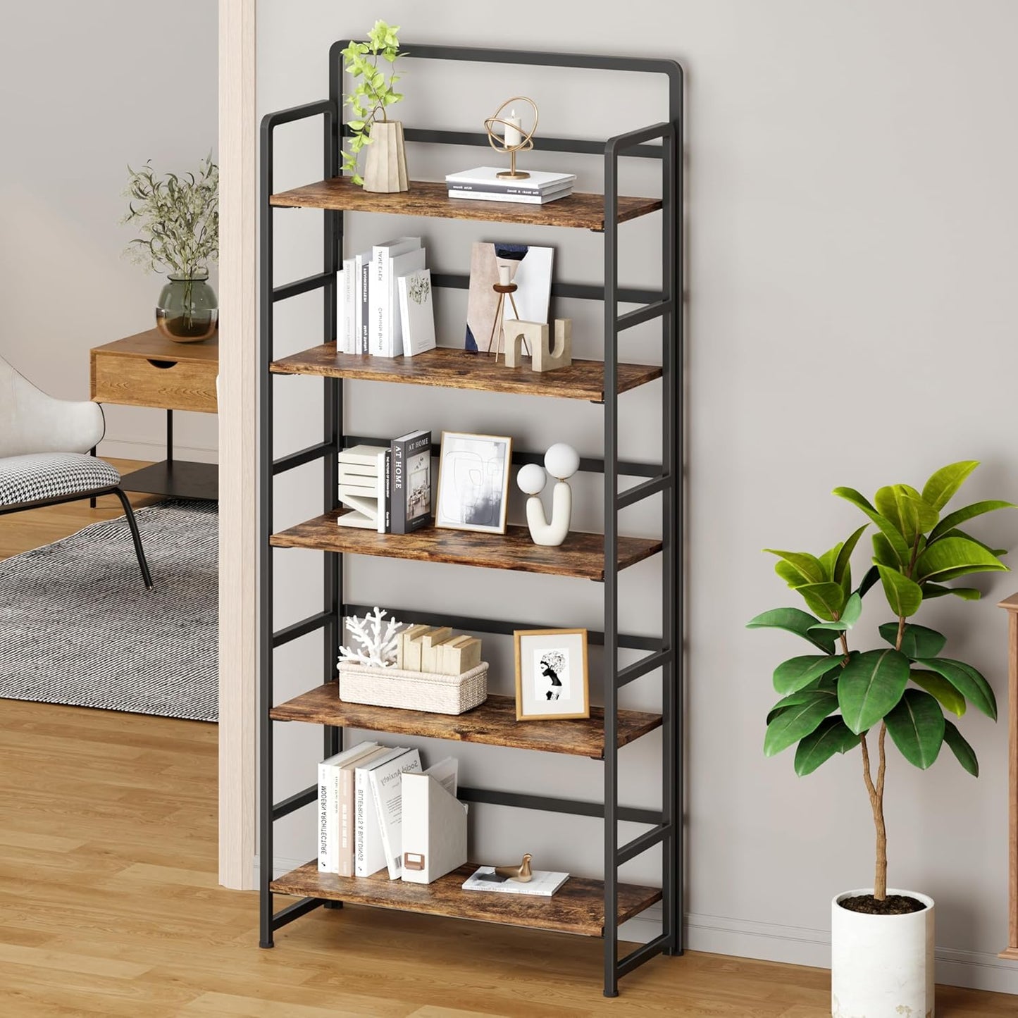 No Assembly Folding Bookshelf, 5 Tiers Collapsible Book Shelf for Home Office, Vintage Wood Foldable Bookcase Storage Organizer for Living Room Bedroom (Rustic Brown)