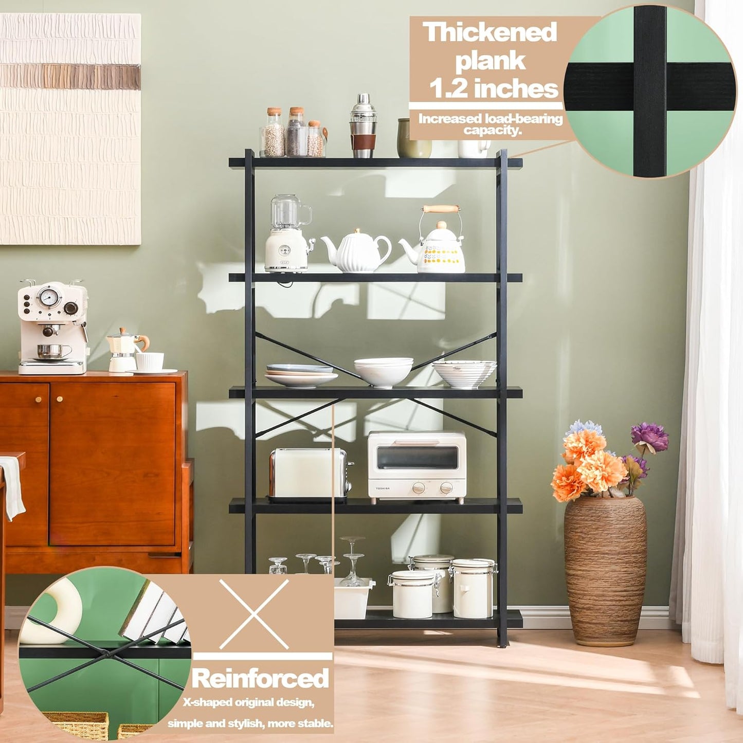 HCHQHS Bookshelf, 5-Tier Industrial Bookcase, Black Open Book Shelf, Freestanding Tall Bookshelves with Metal Frame