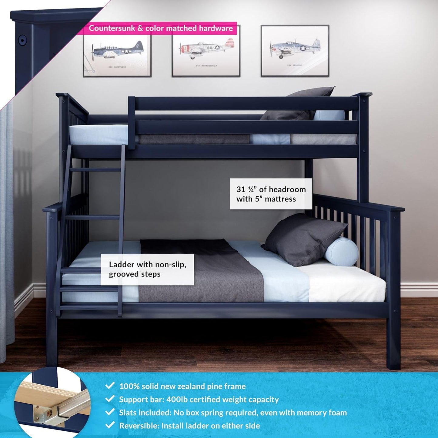 Max & Lily Bunk Bed Twin Over Full Size with Ladder, Solid Wood Platform Bed Frame with Ladder for Kids, 14" Safety Guardrails, Easy Assembly, No Box Spring Needed, Blue