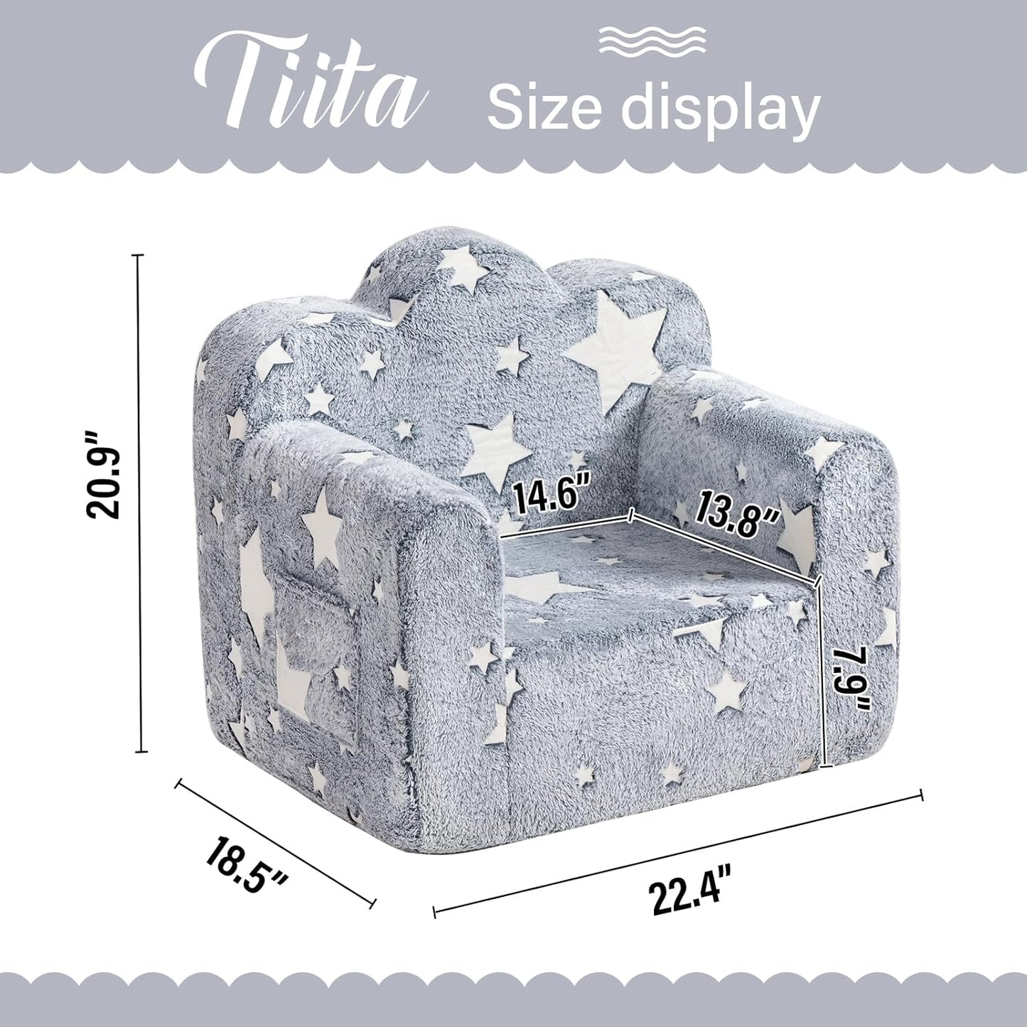Tiita Kids Couch Plush Toddler Chair, Cloud-Like Glow in The Dark Kids Sofa Toddler Reading Chair with Washable Cover Carrying Handle, Convertible Children Sofa Chair for Girls and Boys