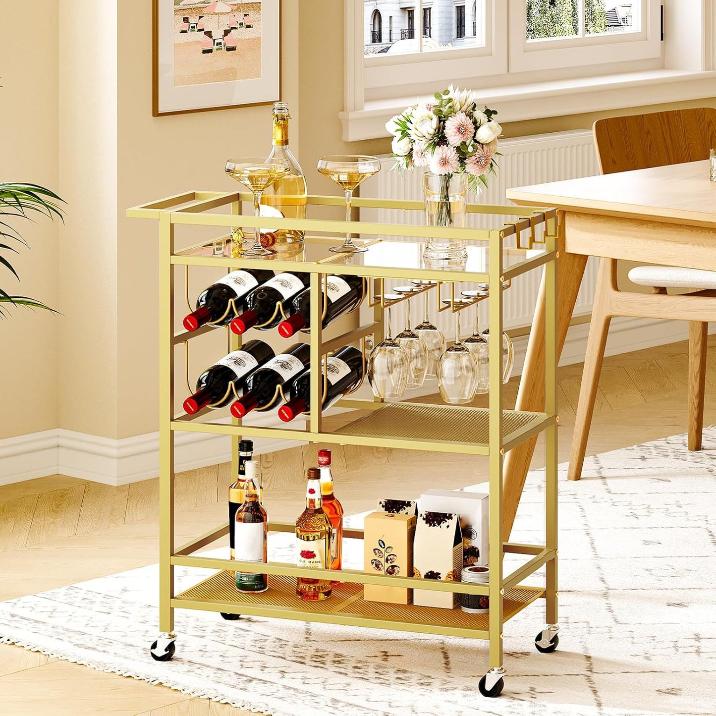 Bar Cart for Home, 3-Tier Serving Cart with Wheels and Handle, Beverage Cart with Wine Rack and Glass Holders, Rolling Wine Cart for Kitchen, Dining Room, Gold RCJ61B01