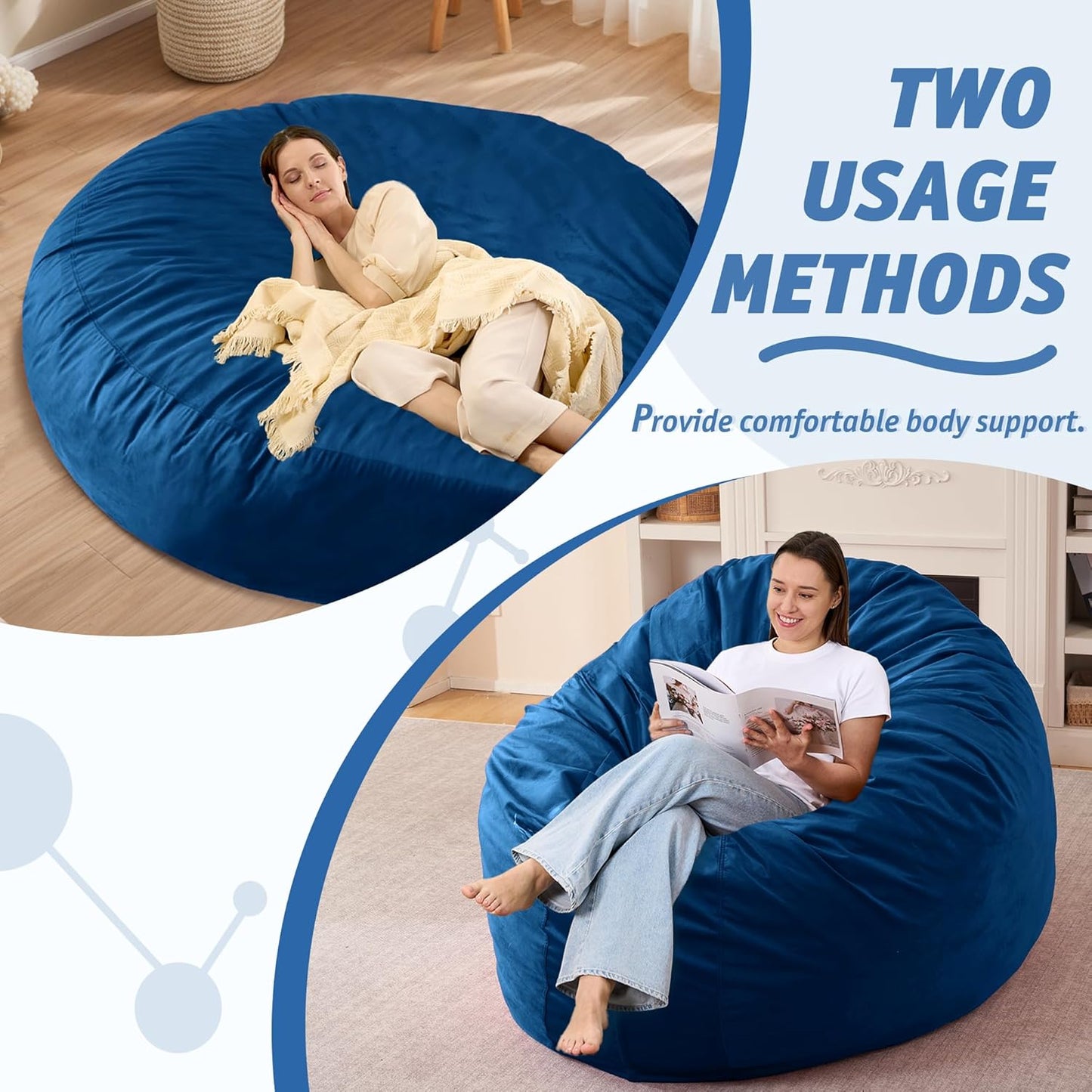 7FT Bean Bag Chair with Ultra Soft Velvet Cover Bean Bag Sofa with Memory Foam Bean Bag Chairs with Large Size Lazy Sofa for Dorm Office Living Room Bedroom Blue 7'