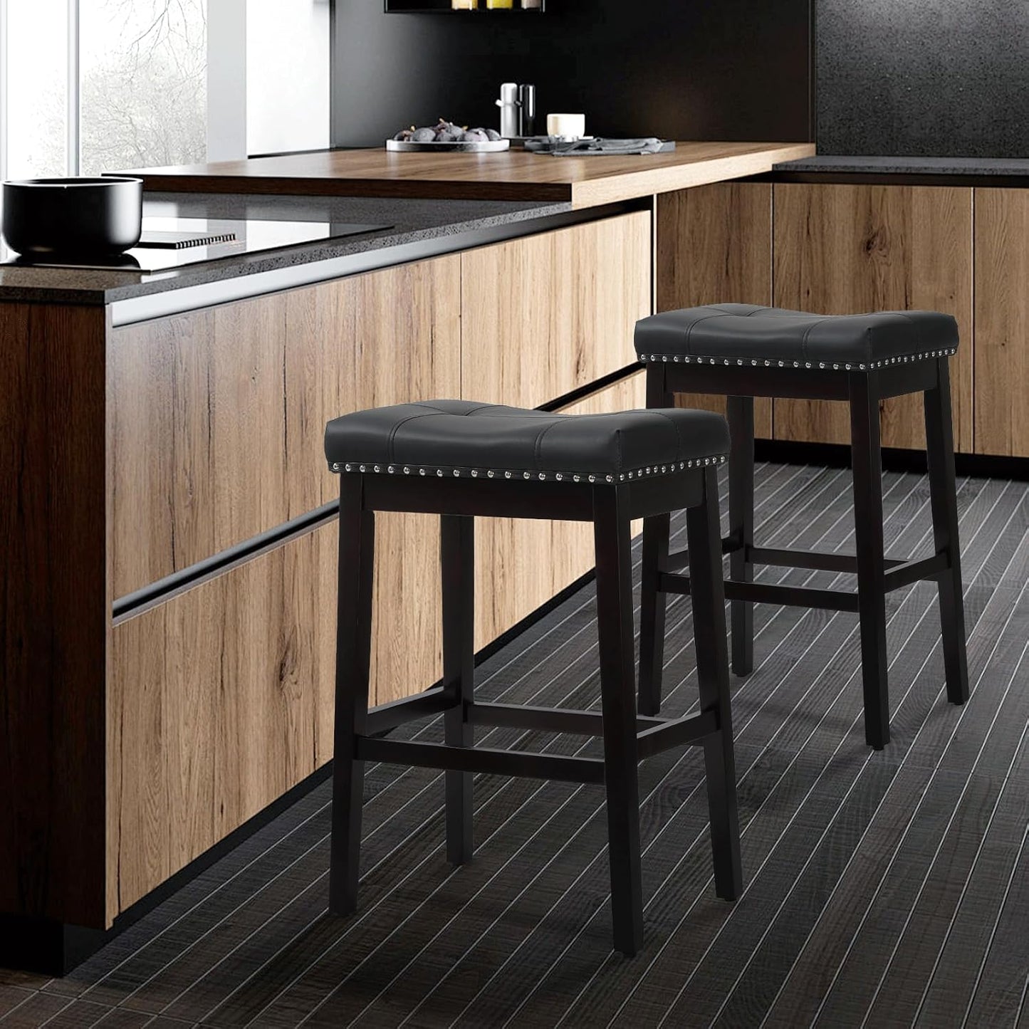 Athena Collection Counter Height Bar Stools Set of 2, 29.5 Inches Backless Saddle Bar Stools with Leather Upholstered and Nailhead Trim, Barstools for Counter, Kitchen Island, Dining Room, Black