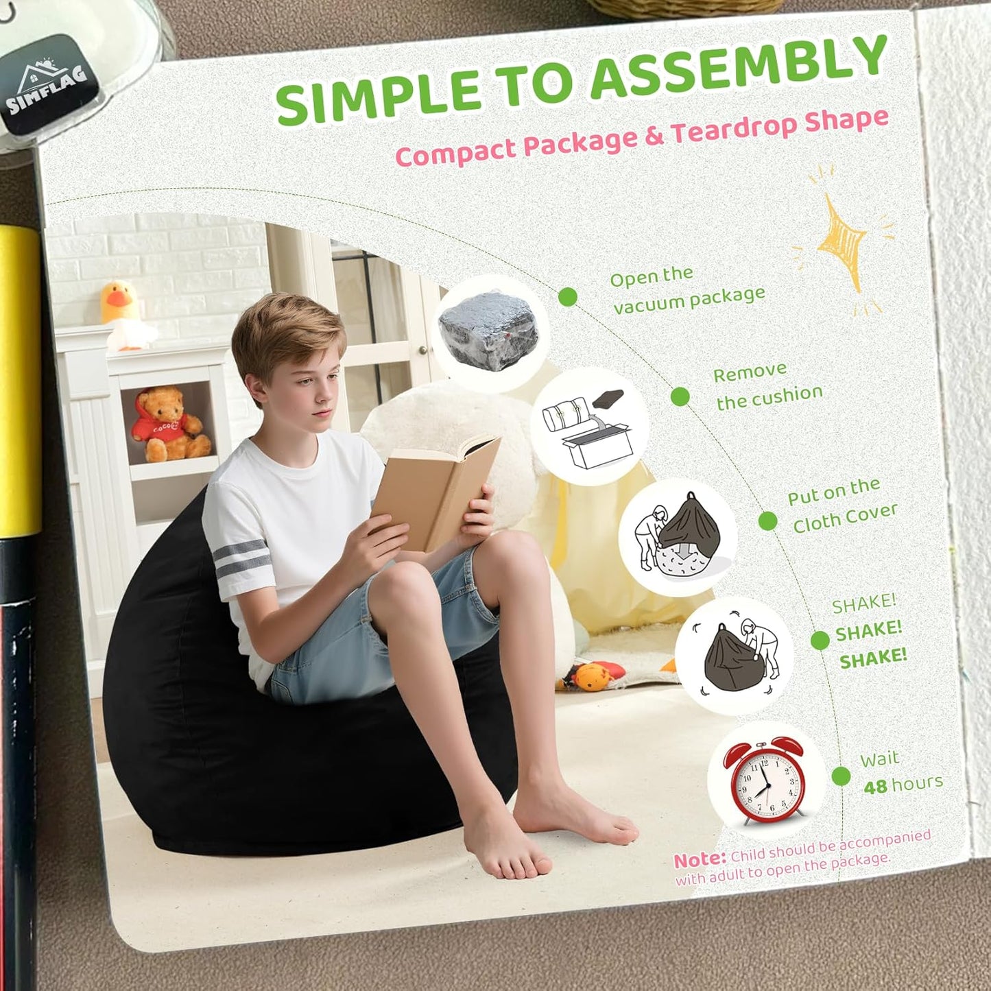 2FT Bean Bag Chair, Comfy Bean Bag Chairs with Memory Foam Filled, Fluffy Beanbag Sofa with Dutch Velvet Cover, Teardrop BeanBag Chairs for Living Room, Playroom - Black