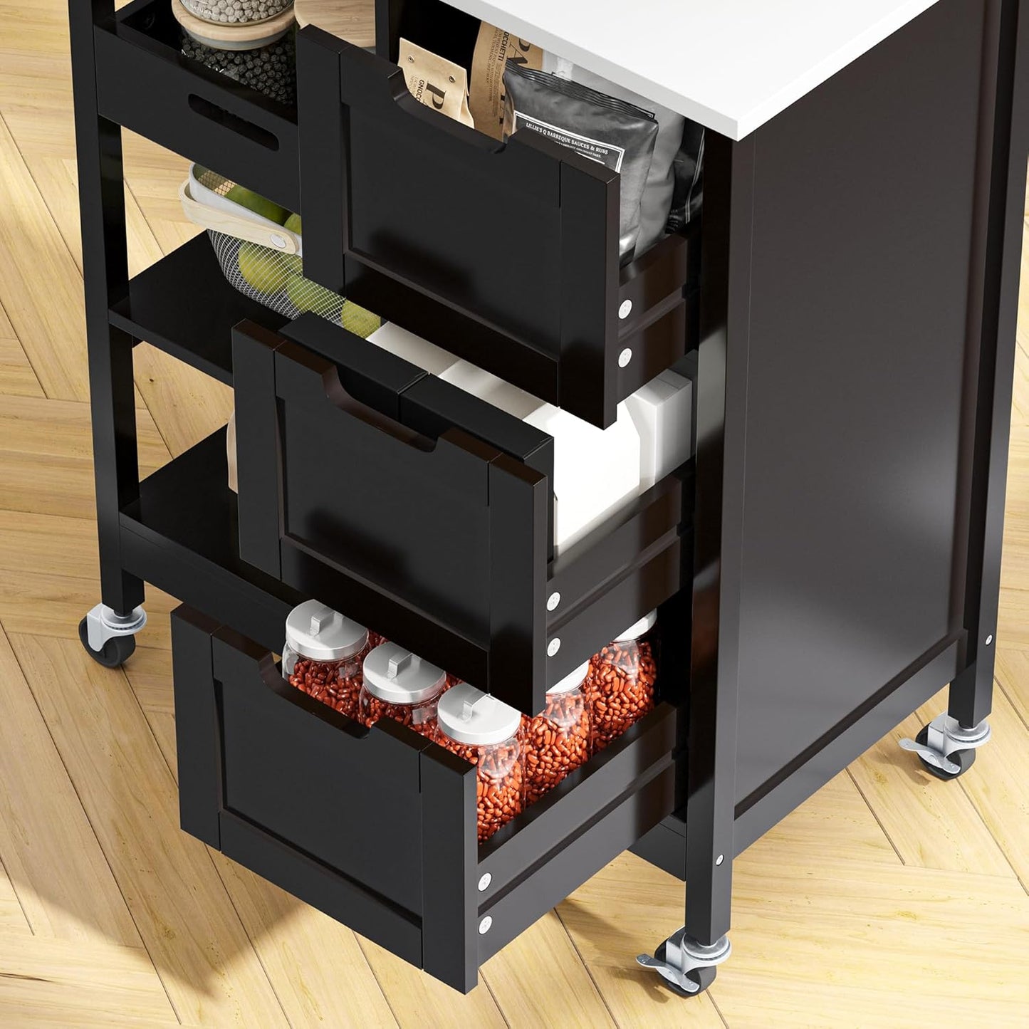 YITAHOME Small Solid Wood Top Kitchen Island Cart on Wheels with Storage, Rolling Portable Dining Room Serving Utility Carts Mobile Movable with 3 Drawers Cabinet, Dark Brown