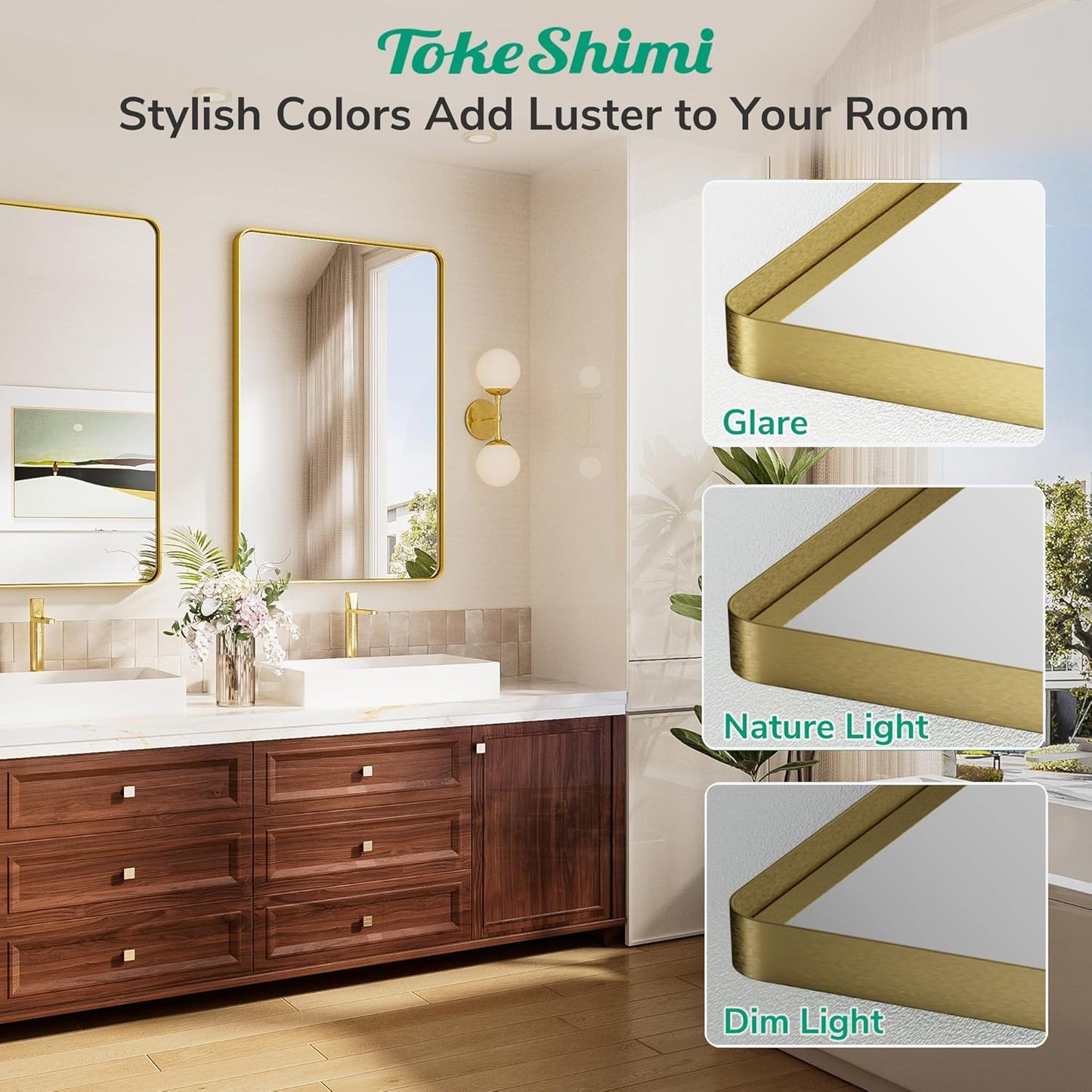 TokeShimi 72x36 Brushed Gold Bathroom Mirror,Tempered Glass,Bathroom Wall Mirror with Seamless Aluminum Frame,Modern Bathroom Vanity Mirror Shatterproof(Horizontal/Vertical)