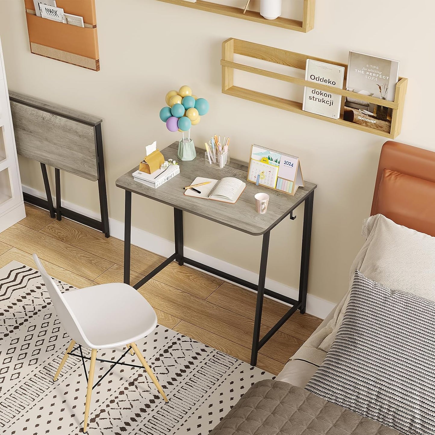 WOHOMO Folding Desk, Small Foldable Desk 31.5" for Small Spaces, Space Saving Computer Table Writing Workstation for Home Office, Easy Assembly, Gray-Wash