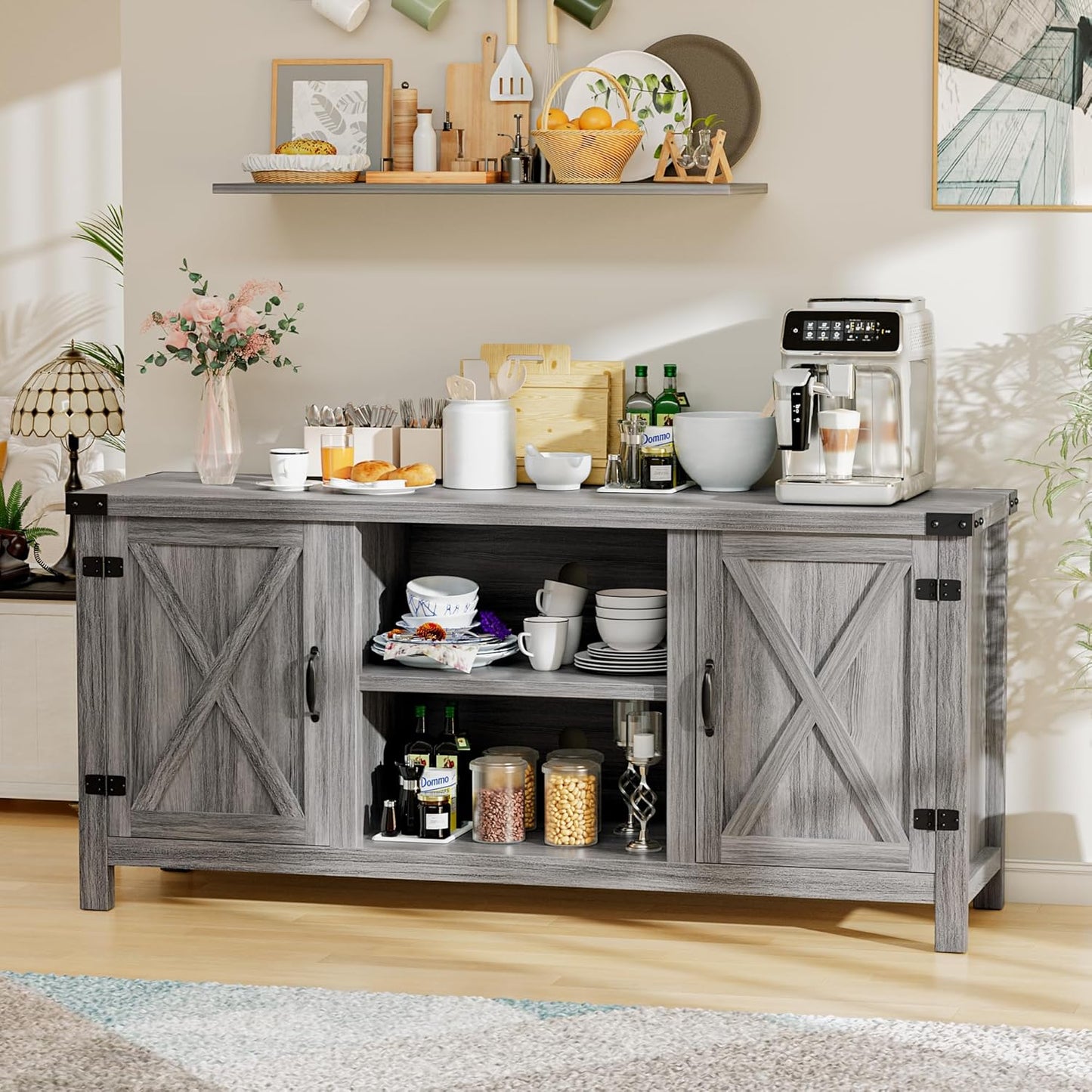 YESHOMY Farmhouse Buffet & Sideboard, 58" Kitchen Storage Cabinet with Adjustable Shelves & Doors, Wood Coffee Bar for Living Room, Entryway, Gray Washed