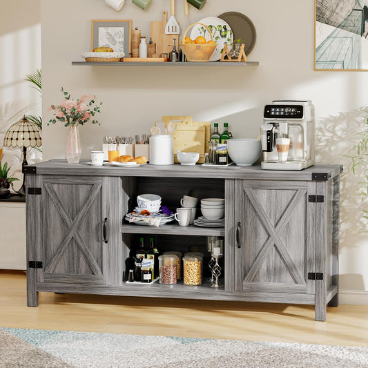 YESHOMY Farmhouse Buffet & Sideboard, 58" Kitchen Storage Cabinet with Adjustable Shelves & Doors, Wood Coffee Bar for Living Room, Entryway, Gray Washed