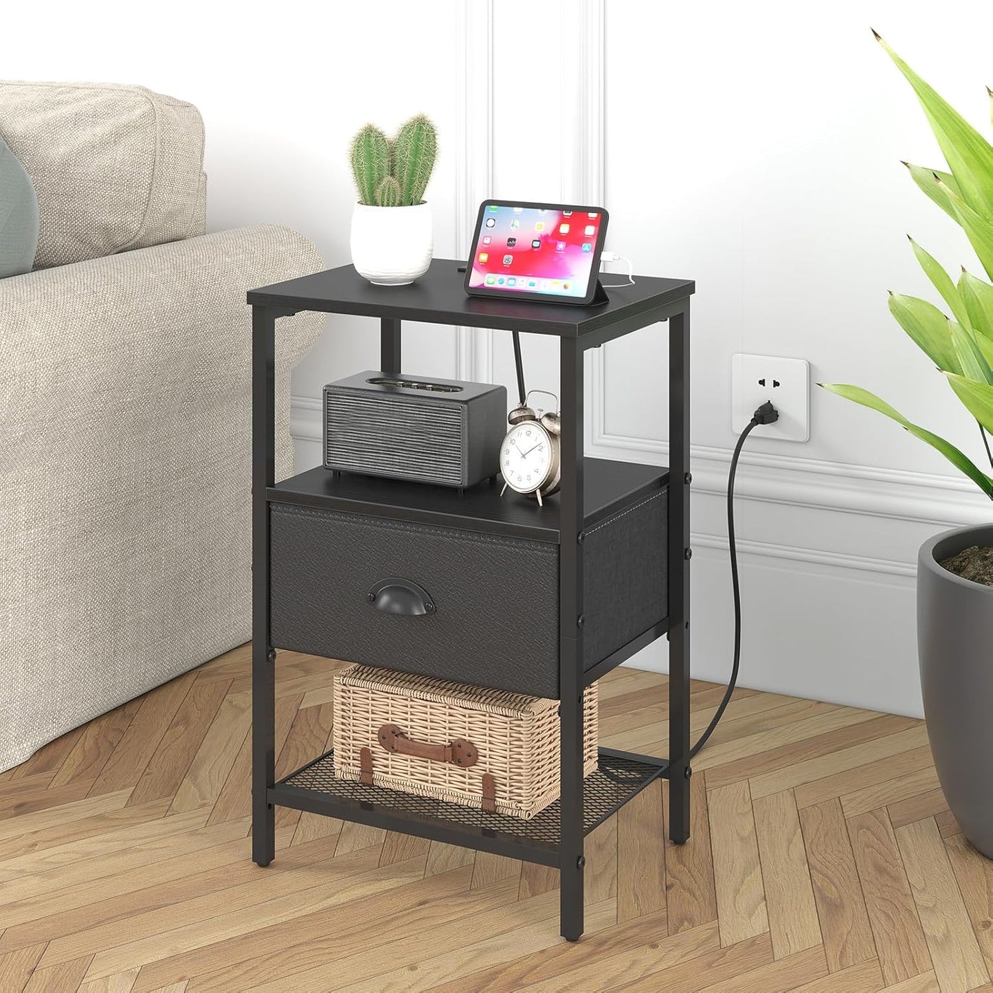 Nightstands Set of 2, Black Night Stands with Charging Station, Bedside Tables with Fabric Drawers PU Finish, 2-Tier Side Table with Open Shelf, Nightstands with Drawer,Black