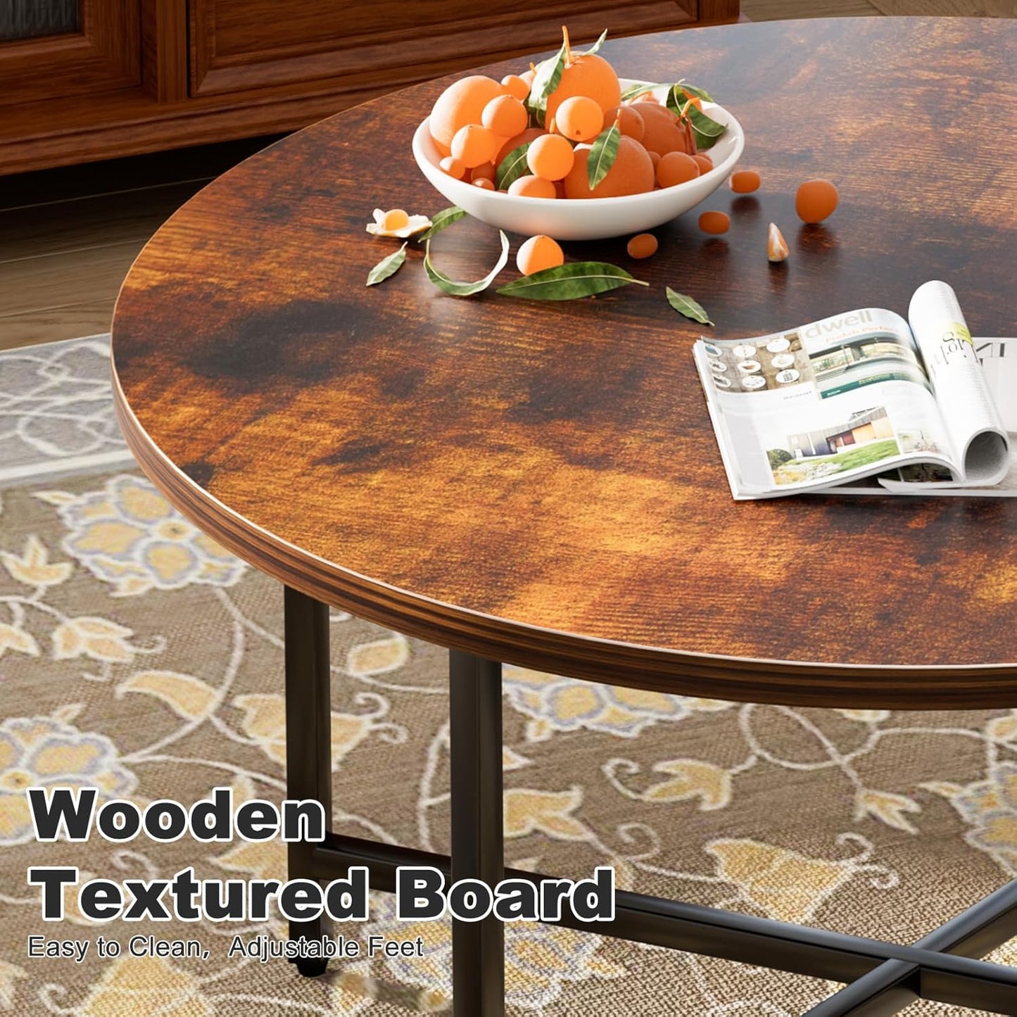 Round Coffee Table, 31.5" Circle Coffee Table，Modern Round Coffee Tables Living Room, Large Coffee Table Round for Indoor & Outdoor Use, Office, Patio or Garden, Rustic Brown (31.5" D*17.7" H)