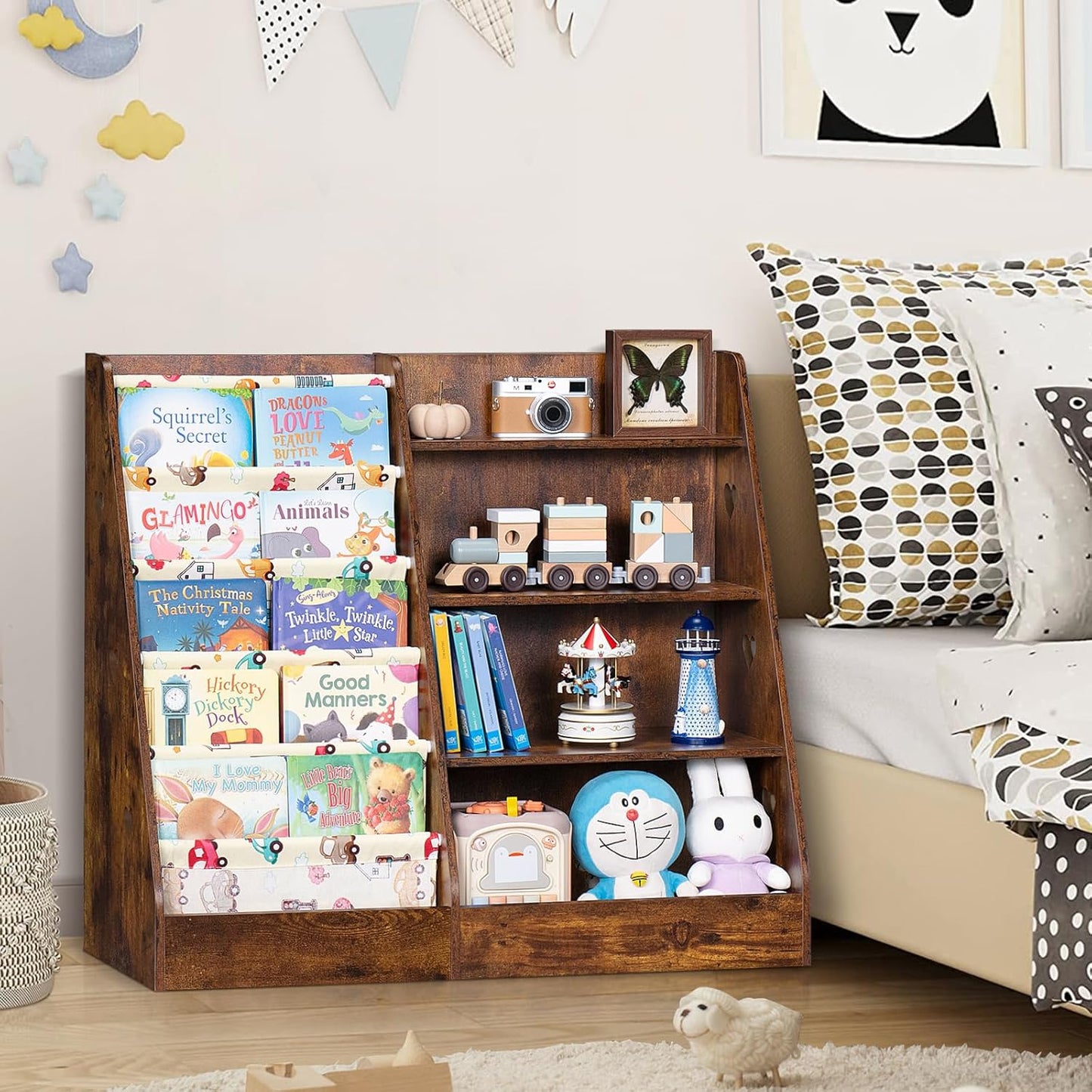 Lerliuo 4 Tier Kids Bookshelf and Storage Organizer, Five Layer Sling Children Bookcase, Baby Toddler Wooden Book Shelf, Display Cabinet for Playroom, Bedroom, Classroom, Nursery, School (Brown)