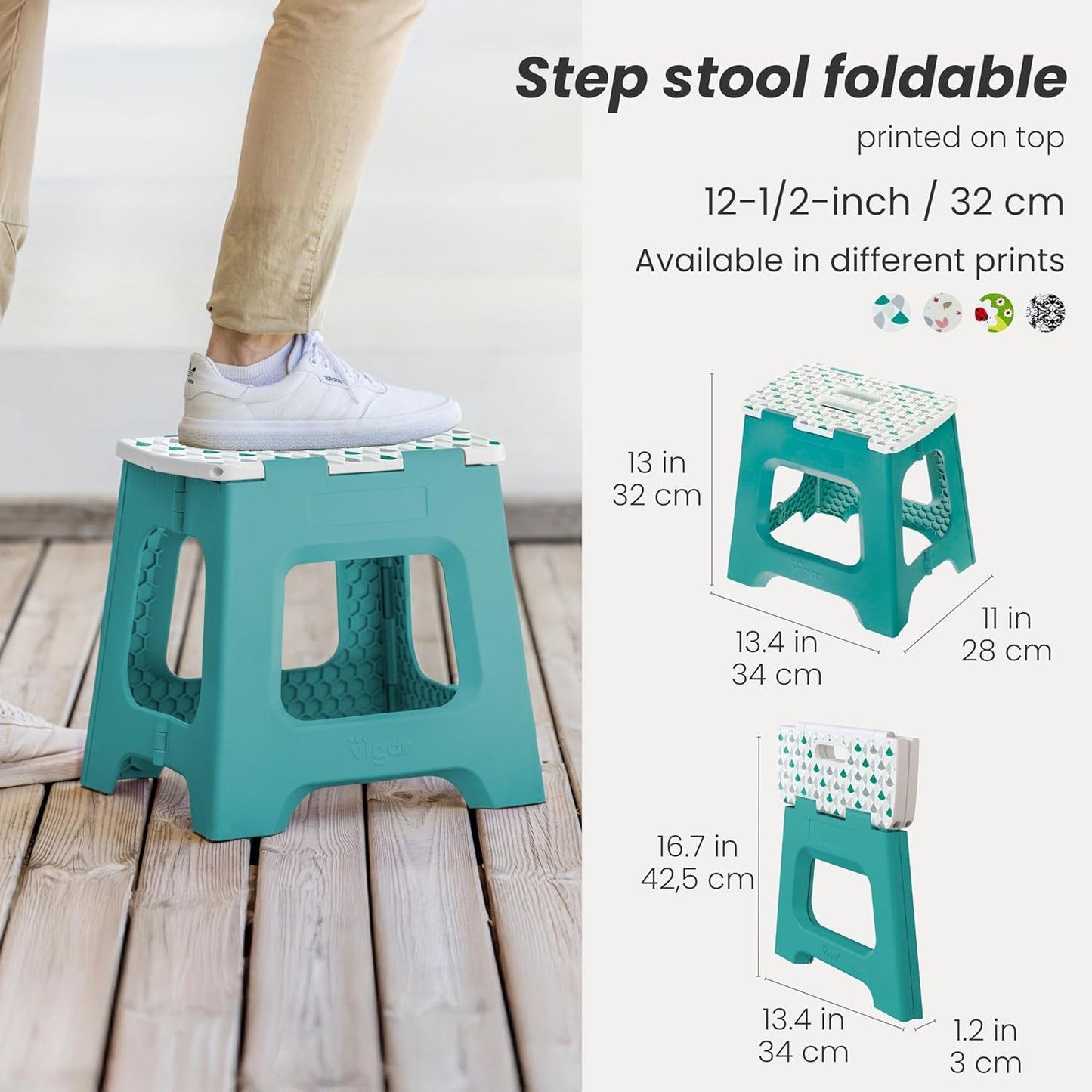 Vigar Compact Step Stool Foldable, 12-1/2-inch Step Stools for Adults up to 330 Pound, Lightweight Stool, Non-Slip Folding Step Stool, Geometric Top