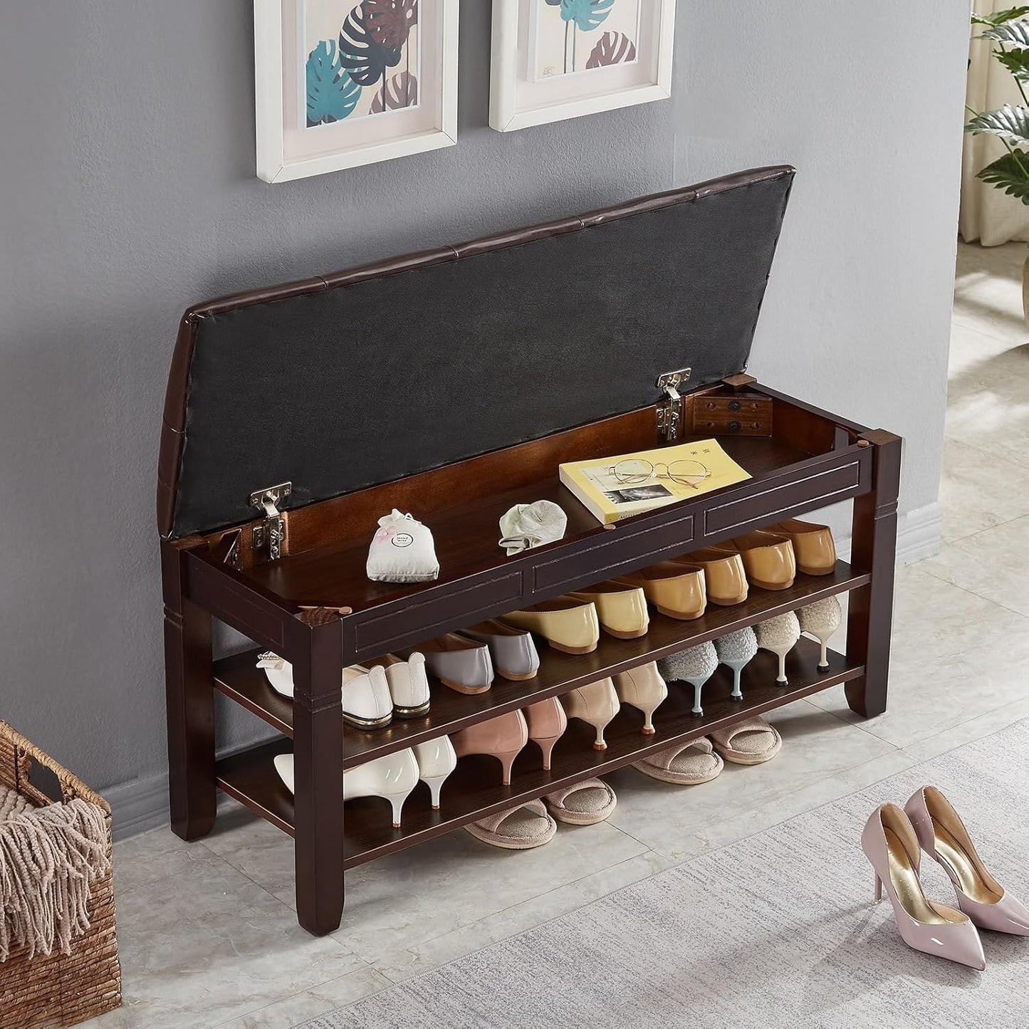 Shoe Storage Bench, Entryway Shoe Rack with Fiberleather Seat 2-Tier Lift Top Organizer Wooden Shoe Bench for Entryway Hallway Living Room (Dark Brown 39.4x13.8x18.9'')