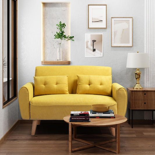 Shintenchi 47" Small Modern Loveseat Couch Sofa, Fabric Upholstered 2-Seat Sofa, Love Seat Furniture with 2 Pillows, Wood Leg for Small Space, Living Room, Bedroom, Apartment, Yellow