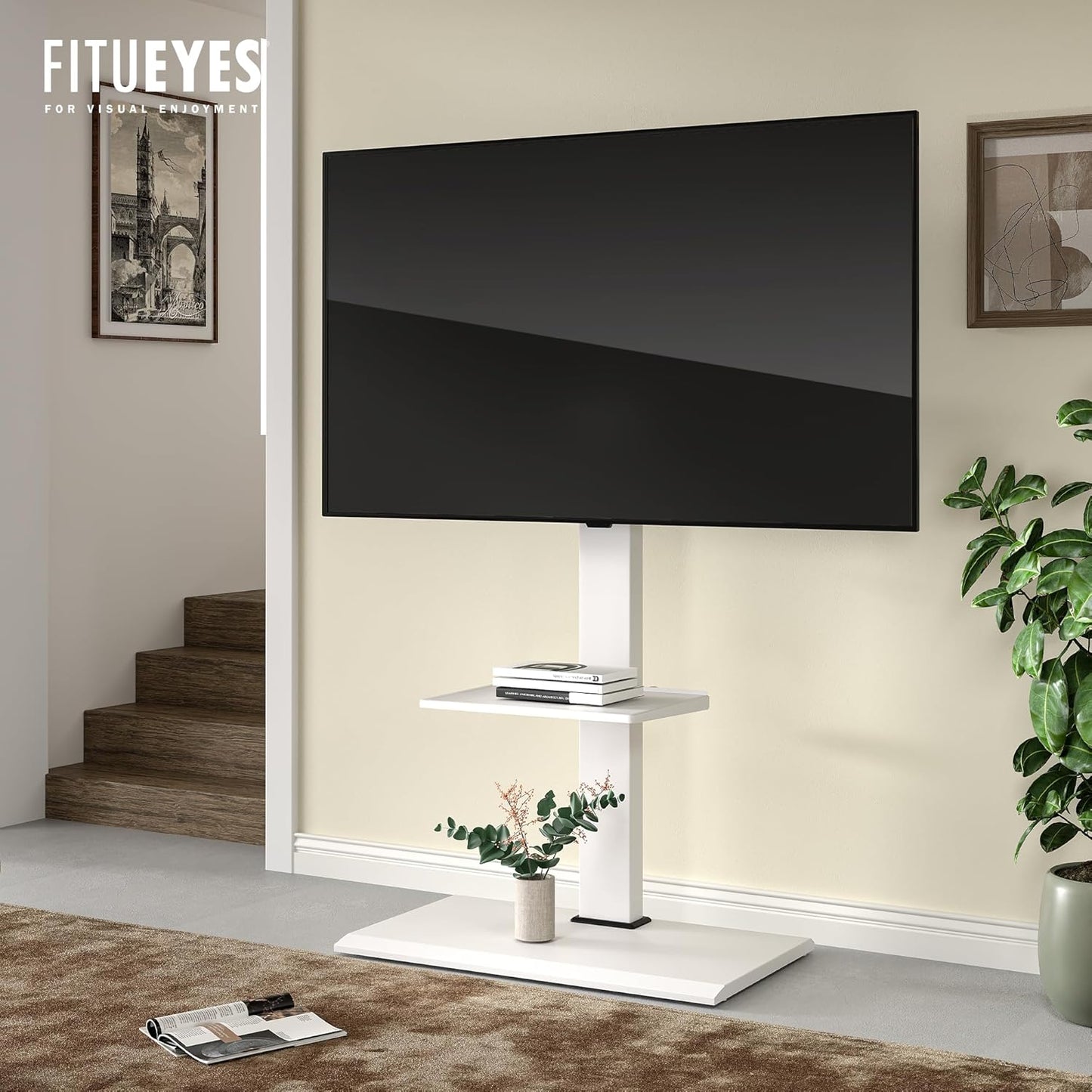FITUEYES Floor TV Stand Iron Base with Swivel Mount for 50-85 Inch Large LCD/LED TVs Adjustable Shelf Tall Corner TV Stands for Bedroom and Living Room Hold Up to 110 lbs Black