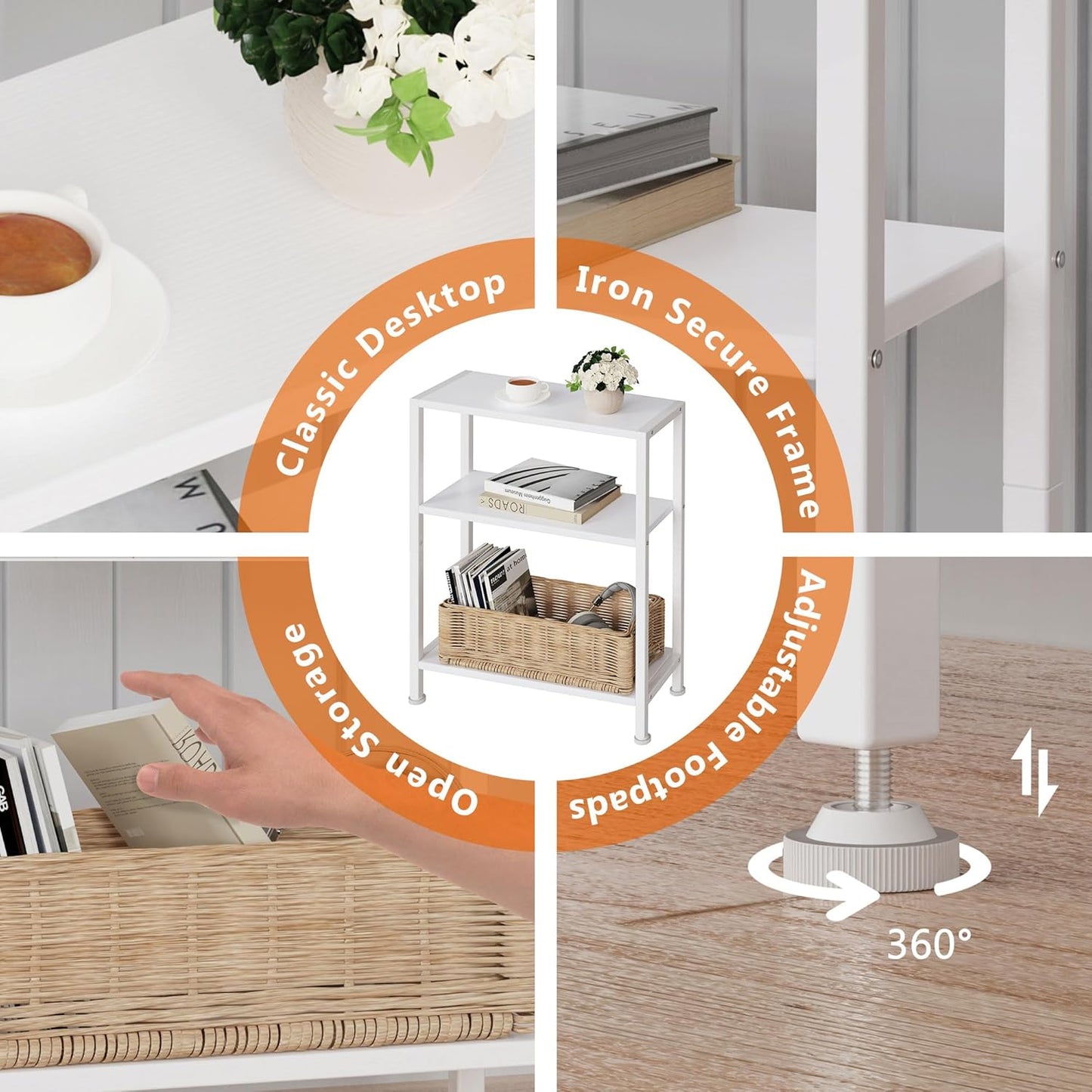 3-Tier Side Table, Small End Table, Sofa Side Table for Narrow Spaces, Slim End Table, Skinny Nightstand Table for Living Room Bedroom Office, White