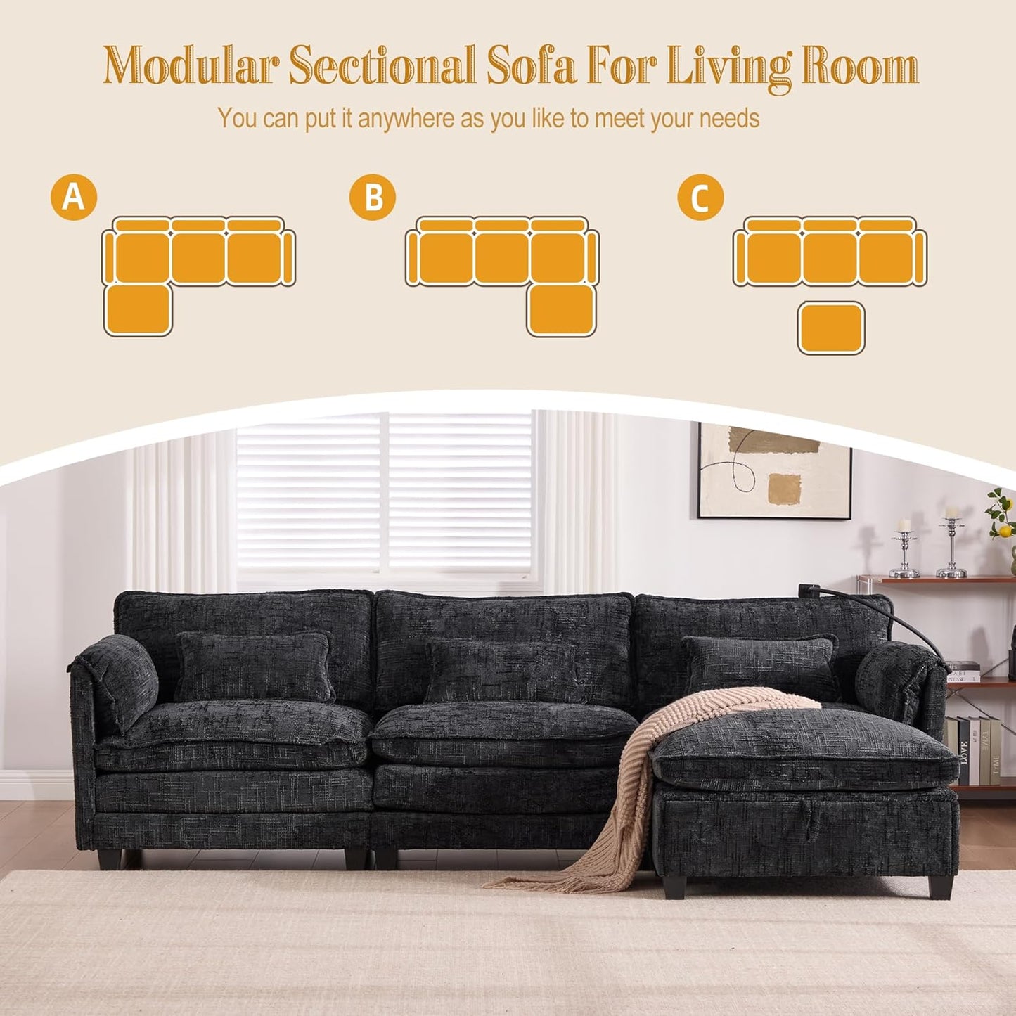 Ball & Cast Modular Sectional Sofa,Comfy Cloud Couch with Movable Storage Ottoman,L Shaped Sectional Sofa W/USB Charging Port,Phone Holder and Side Pocket,Chenille Fabric,for Living Room,Black,109"