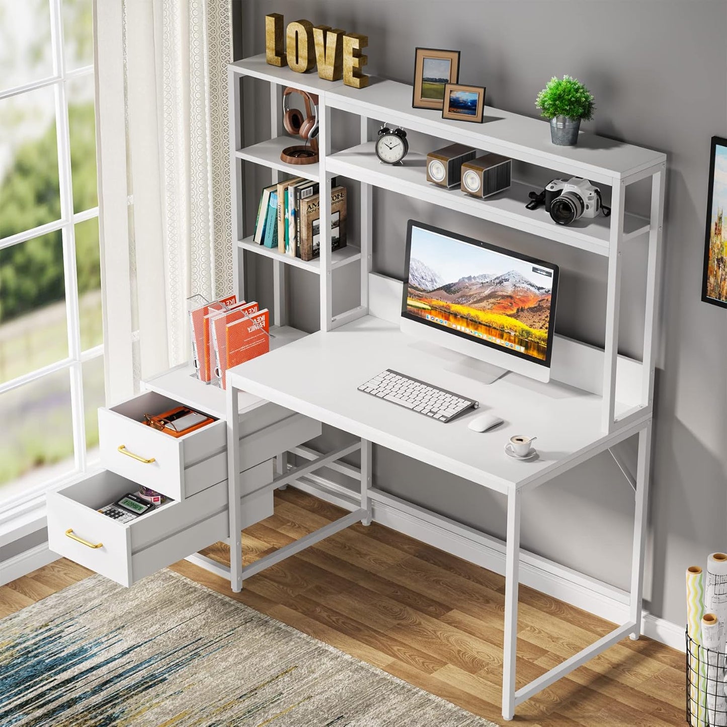 Tribesigns 55 Inch Computer Desk with 2 Drawers and Storage Shelves, Rustic Office Desk with Hutch, Study Writing Gaming Table Laptop Workstation for Home Office (White)