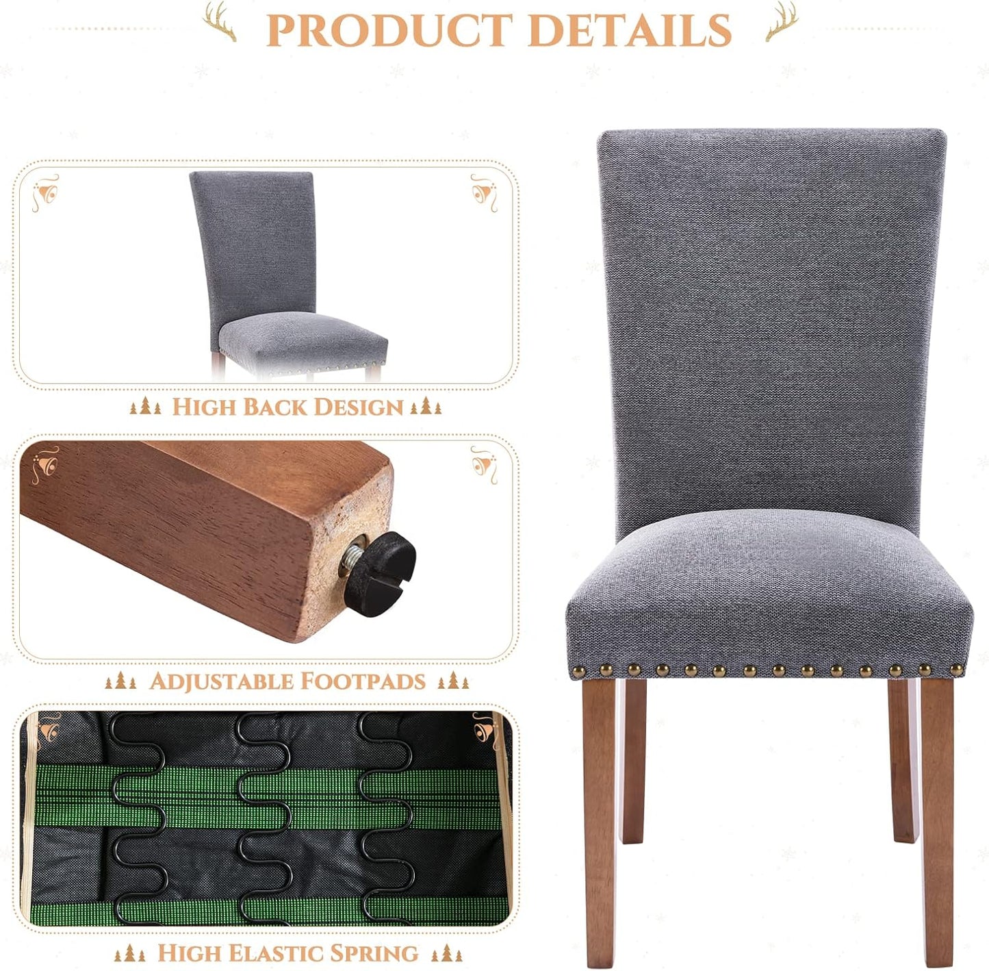 Parsons Dining Chairs Set of 2, Upholstered Nailhead Dining Room Kitchen Side Chair with Thick Cushions and Wood Legs, Dark Grey