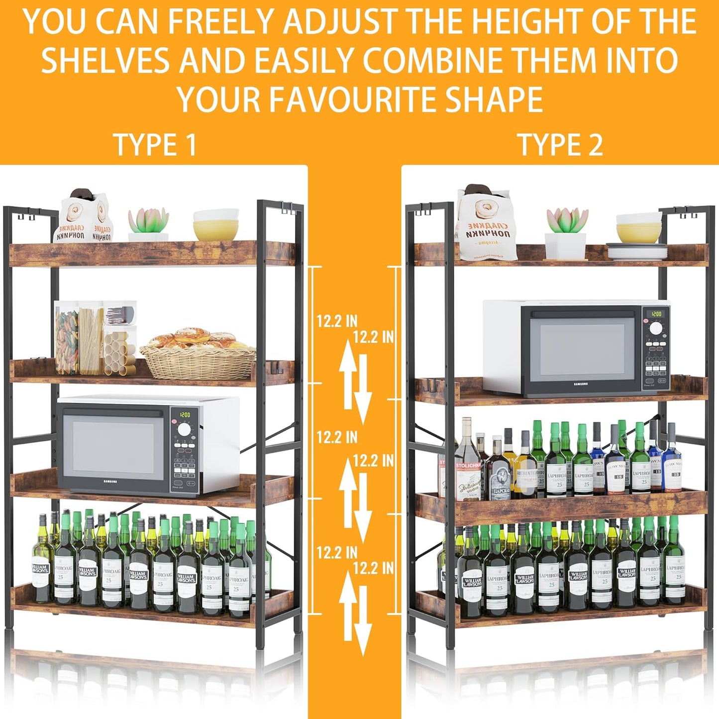 HCHQHS 4 Tier Bookshelf, Adjustable Industrial Bookcase, Vertical Tall Book Shelf, Wood and Black Metal Open Bookshelves for Home Office, Living Room, Bedroom