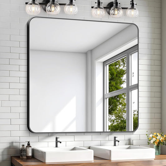 KOCUUY Black Bathroom Mirror 40"x40", Large Square Vanity Mirror with Rounded Corner, Metal Black Frame with Mordern Design for Bathroom, Living Room, Entryway, Hang Horizontal/Vertical