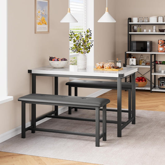 Dining Table Set for 4, Kitchen Table with 2 Upholstered Benches, 3-Piece Dining Room Set for Kitchen, Apartment and Small Spaces, Marble White