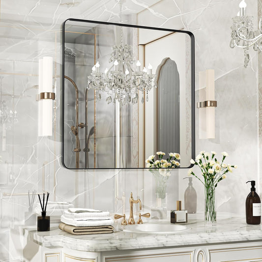 32×32 Black Bathroom Mirror, Rectangular Bathroom Vanity Mirror for Wall with Rounded Corners & Aluminum Alloy Frame, Tempered-Glass, Modern, Farmhouse, Horizontal/Vertical, Entryway, Bedroom