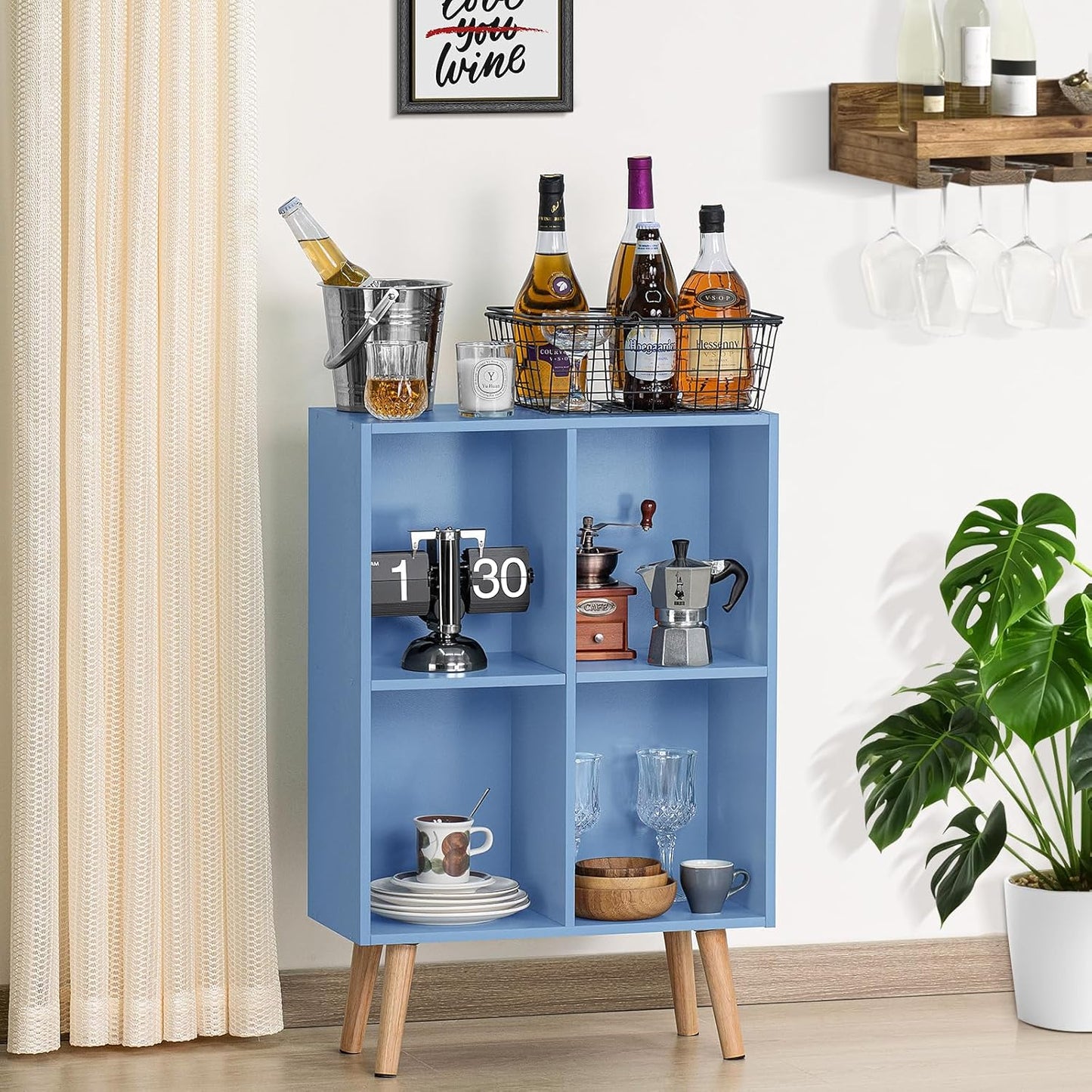 YAHARBO 4 Cube Bookshelf, Blue Small Kids Book Shelf with Cubby Storage,Wooden Modern Bookcase with Legs,2 Tier Freestanding Display Book Case Organizer,Bookshelves for Office,Nursery,Playroom