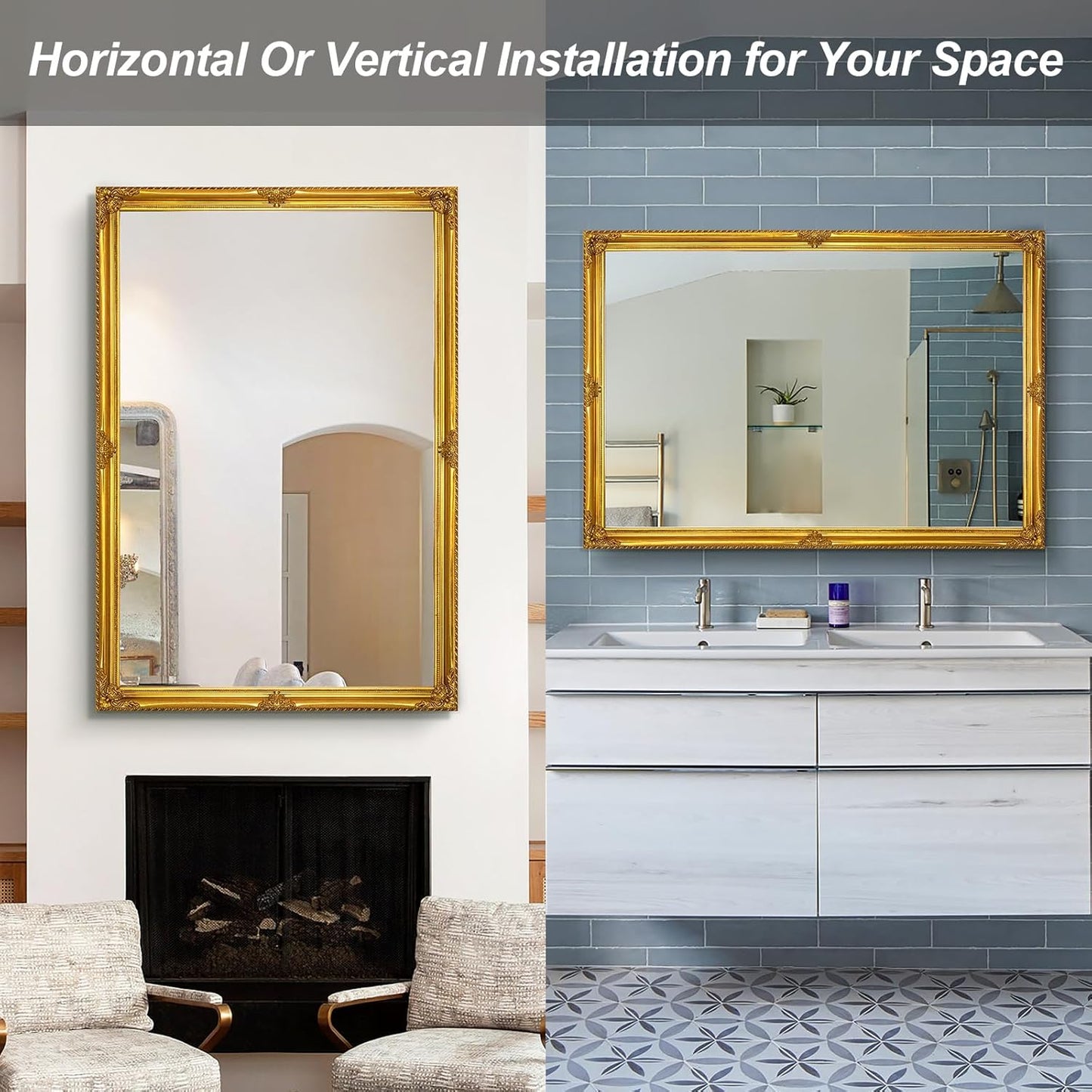 39" x 27" Large Vintage Mirror Wall Decor, Gold Ornate Decorative Wall Mirror with Elegant Victorian Wood Frame for Living Room Fireplace, Dining Room, Bathroom