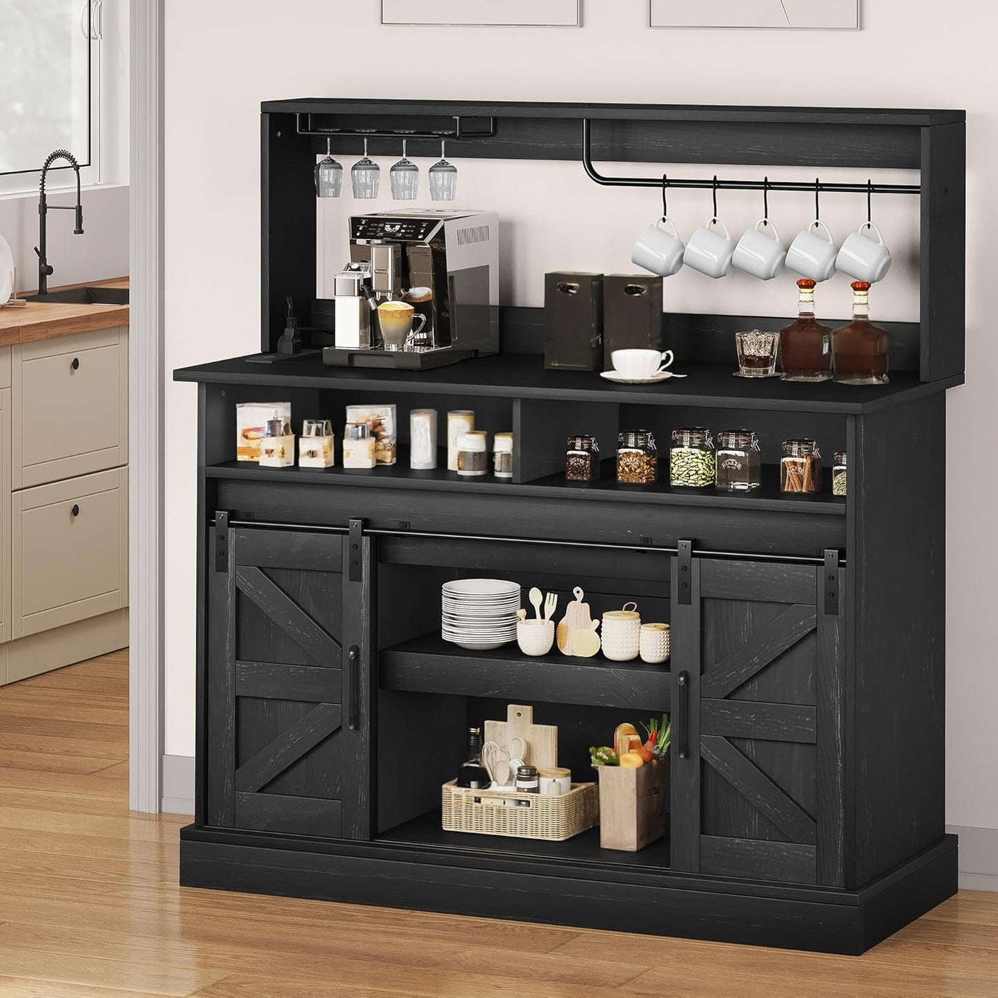 YITAHOME Buffet Cabinets with Upper Rack, Farmhouse Coffee Bar Cabinet with Power Outlet & Goblet Holder, 47 Inch Sideboard Cabinets with Sliding Barn Door for Kitchen, Living Room (Black Oak)