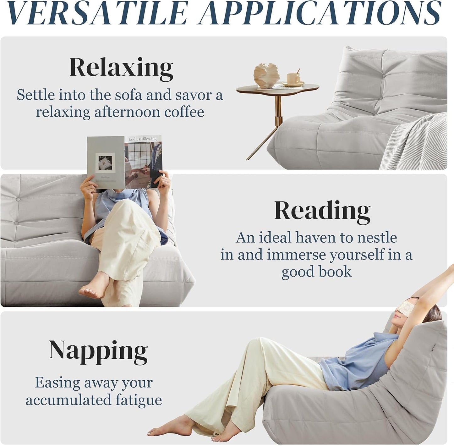 Bean Bag Chair, Large Fireside Chair Bean Bag Sofa for Adults, 3 Seater Bean Bag Chairs for Teens with High-Resilience Foam, Memory Foam Bean Bag for Living Room, Bedroom, Office (Suede, Light Gray)