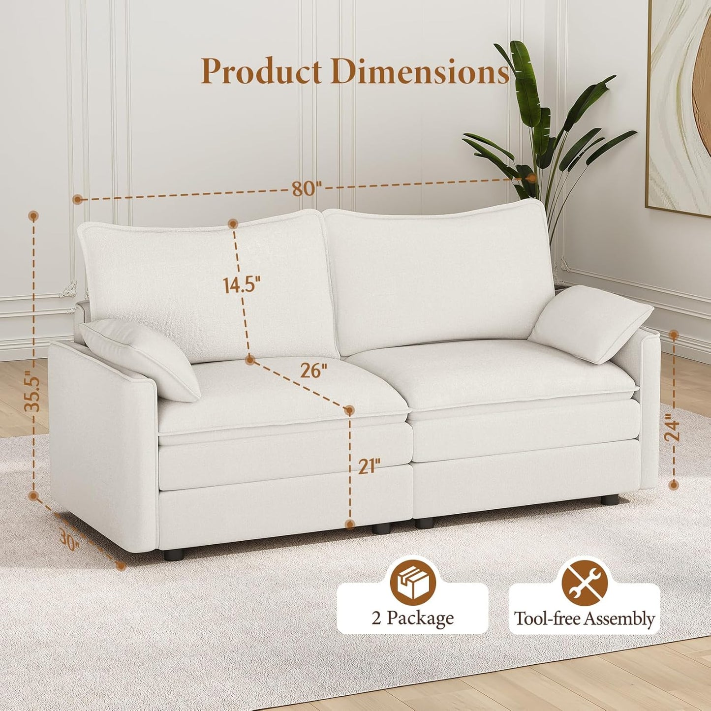 Vesgantti 74" Loveseat Sofa for Living Room, Comfy Cloud Couch Deep Seat Chenille Modern 2 Seater Small Sofa with Armrest Pillow, Easy Assembly for Small Spaces, Snow White