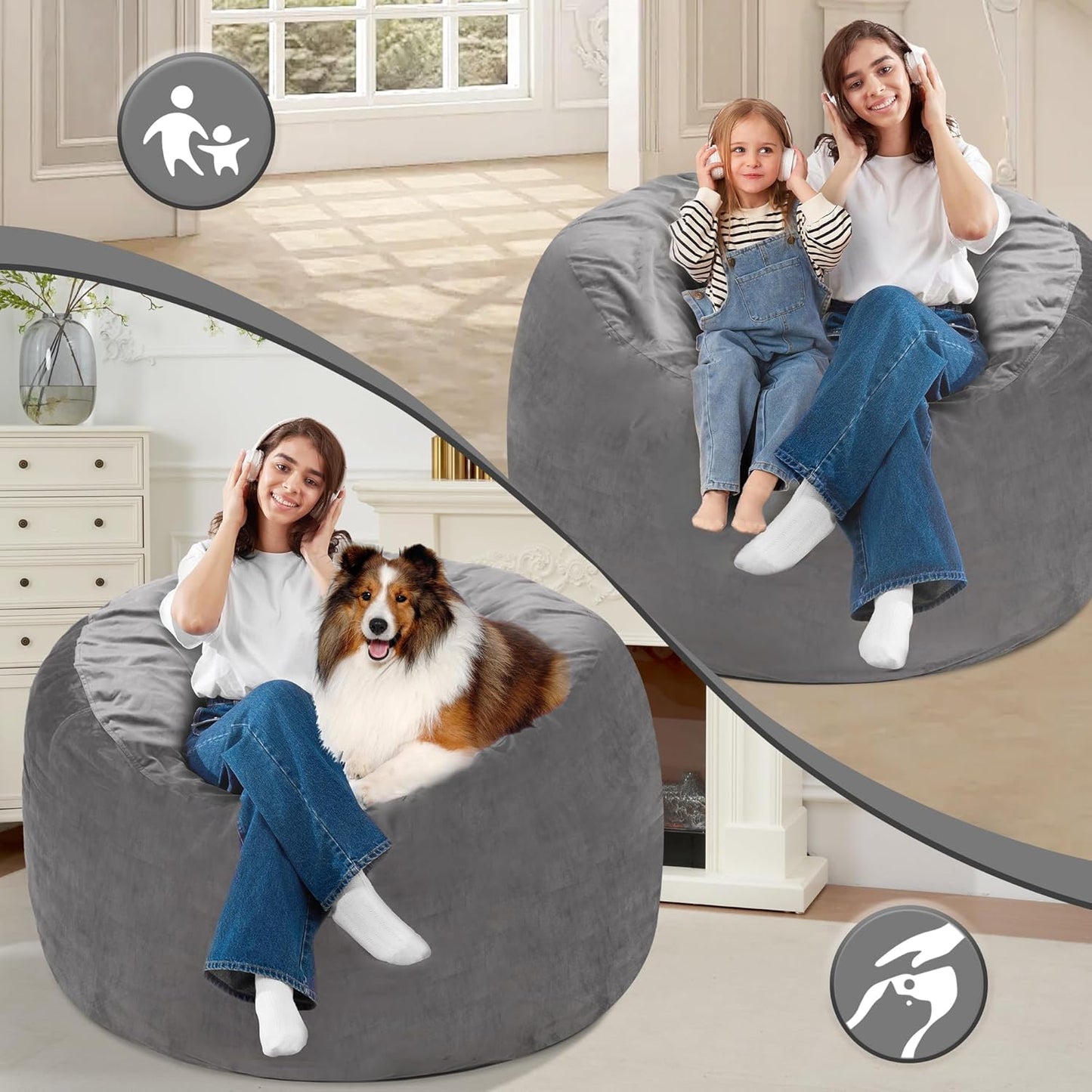 Homguava 3FT Bean Bag Chair: 3' Bean Bags with Memory Foam Filled, Large Beanbag Chairs Soft Sofa with Dutch Velet Cover-Light Grey