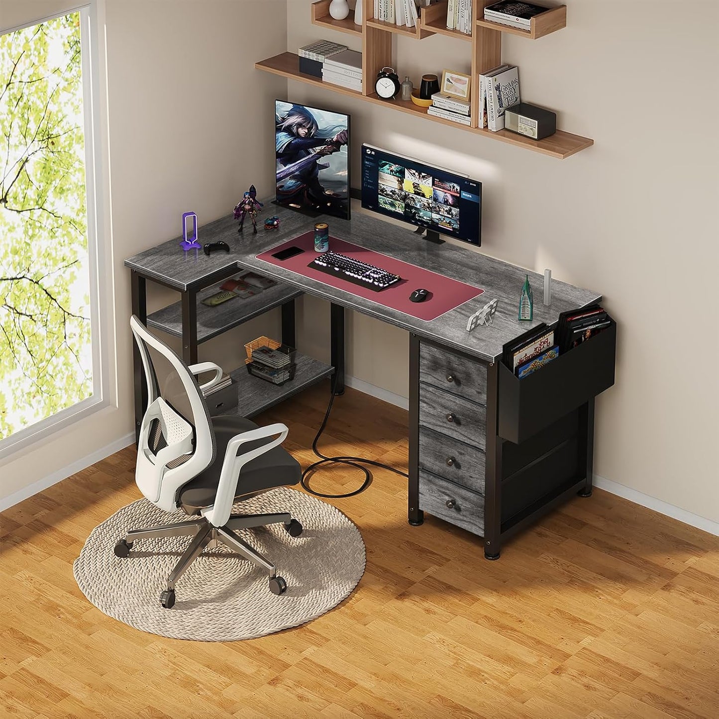 Lufeiya L Shaped Computer Desk with Drawers & Storage Shelves, 47 Inch Small Corner Desk with Power Outlet for Home Office Bedroom, L-Shaped Gaming PC Desks with Fabric Drawer, Gray