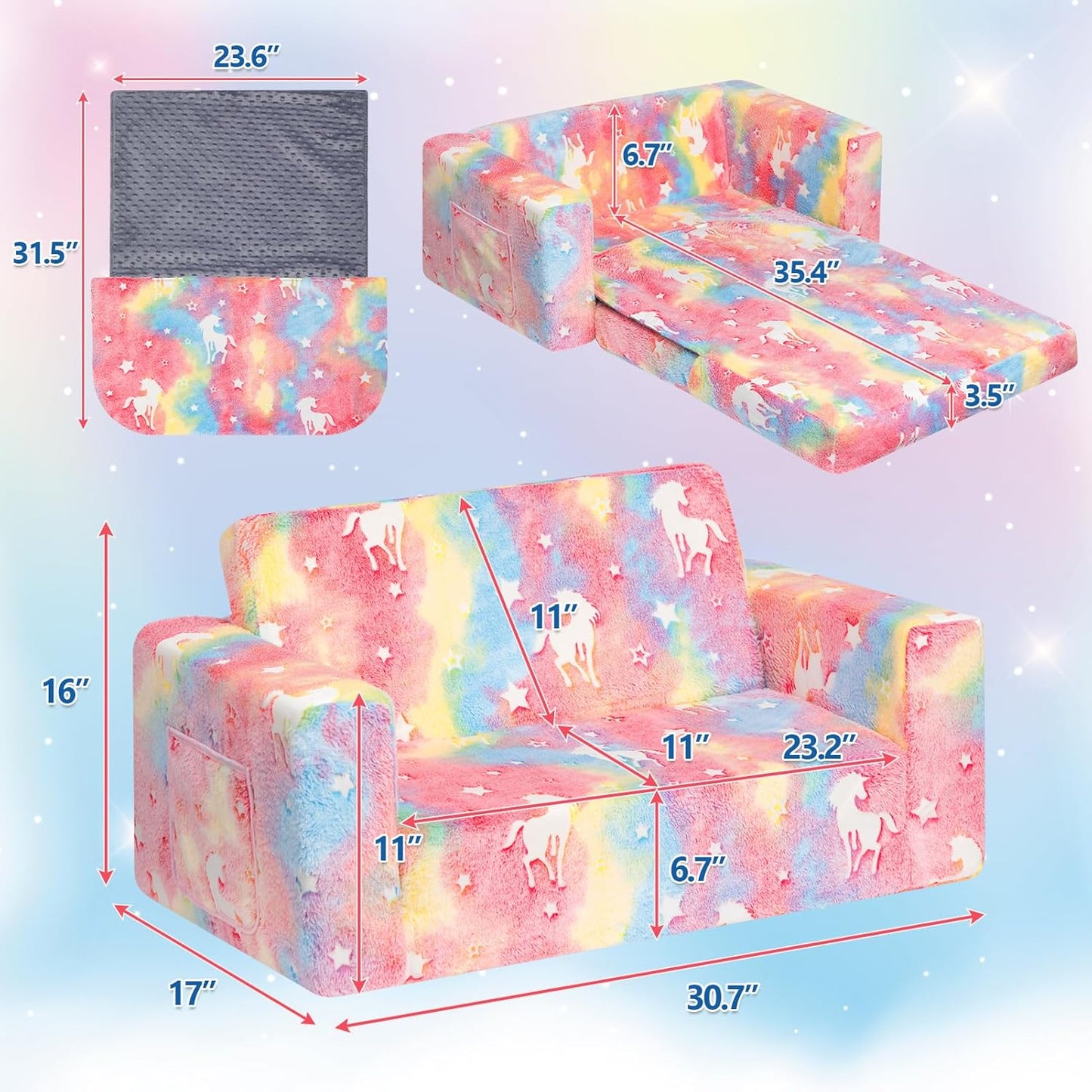 ALIMORDEN Fold Out Toddler Couch, Extra Wide Comfy 2-in-1 Cuddly Sherpa Sofa for Kids, with Removable Baby Friendly Blanket, Convertible Sofa to Bed, Unicorn