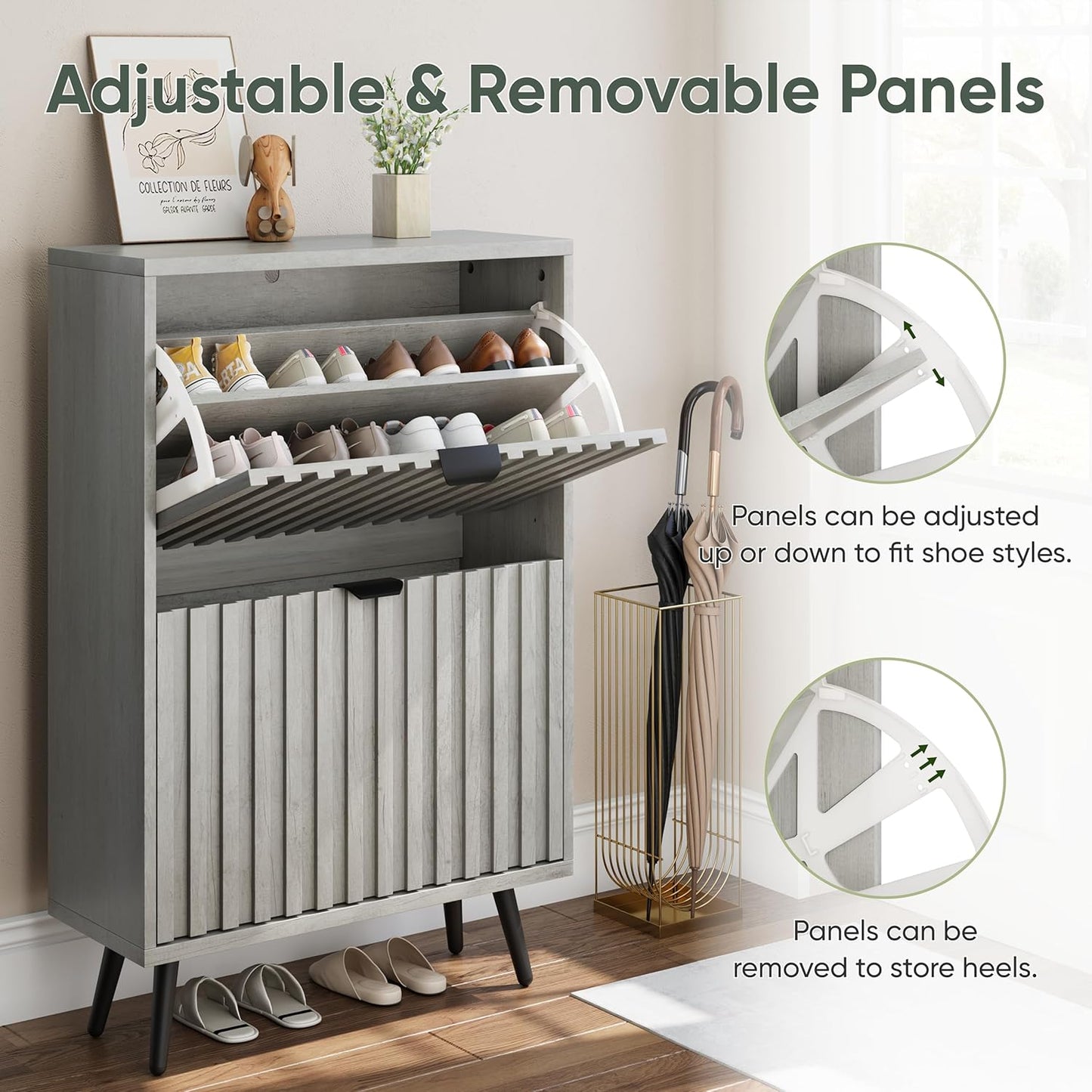 Smuxee Shoe Cabinet with 2 Flip Drawers, 23.6" Grey Hidden Shoe Storage Cabinet with Fluted Design, Freestanding Shoe Organizer Cabinet for Entryway, Hallway, Living Room, Closet