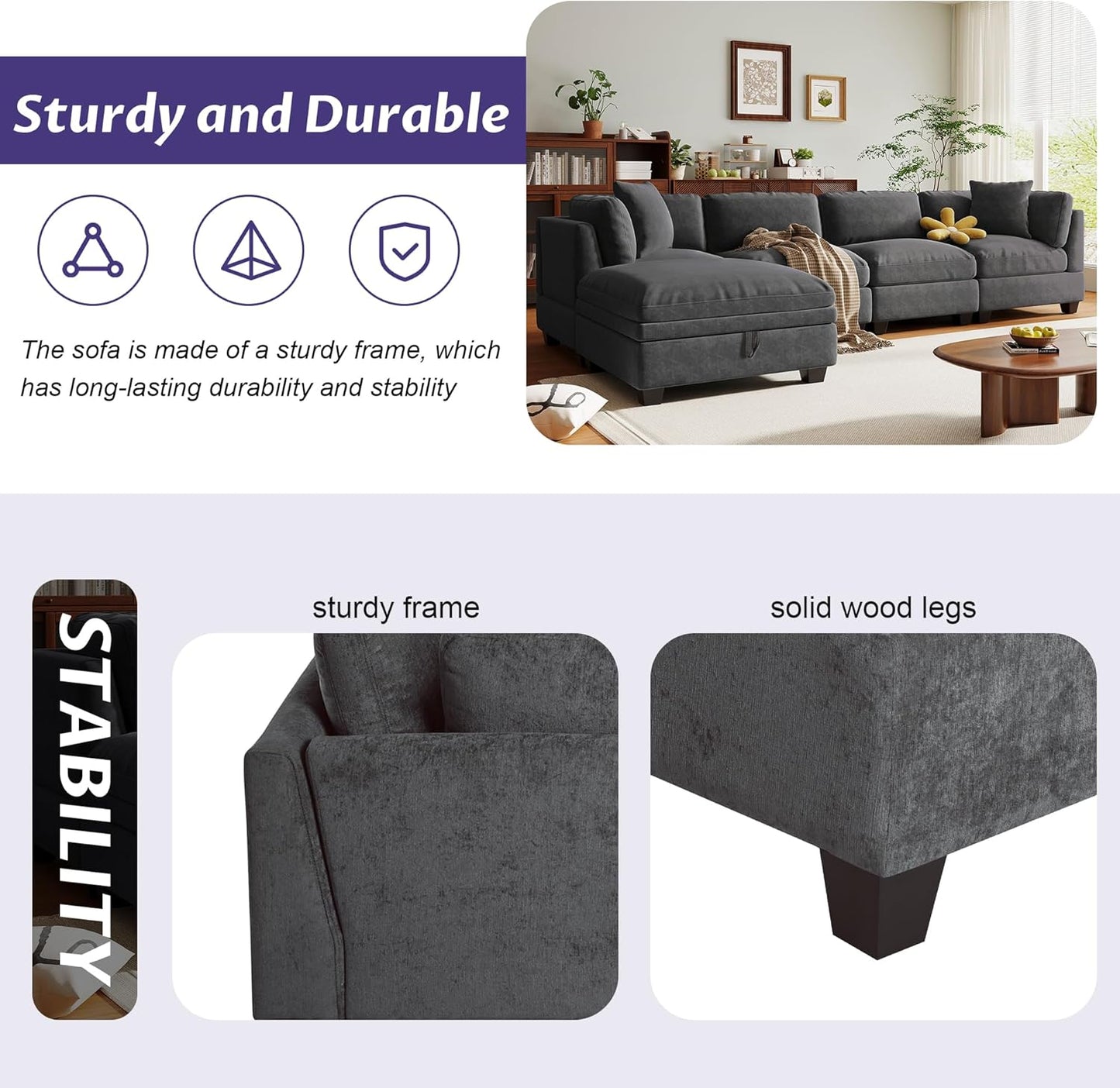 127.6 Inch 5-Seat Modular Convertible Sectional Sofa with Removable Storage Ottoman and 2 Hidden Cupholder, L-Shaped Upholstery Corner Couch for Living Room Apartment Office, Grey