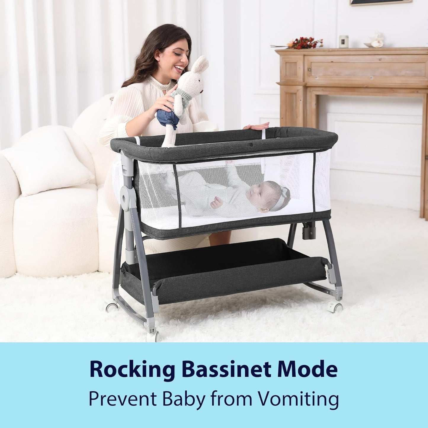 Baby Bassinet Bedside Sleeper, 3 in 1 Rocking Bassinet for Baby, Arms Reach Co Sleeper Bassinet with Wheels, Adjustable Height, Storage, Mattress & Canopy (Black)