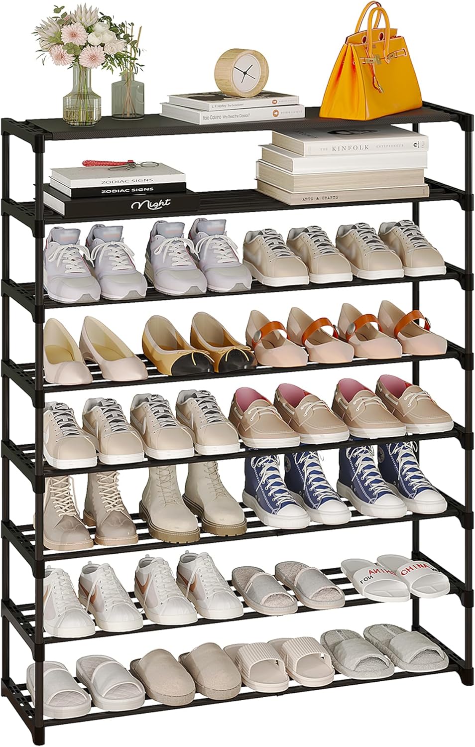 Calmootey 8-Tier Shoe Rack, Tall Large Capacity 40 Pairs Shoes Storage Organizer, Stackable Wide Shoe Shelf for Entryway, Hallway, Black