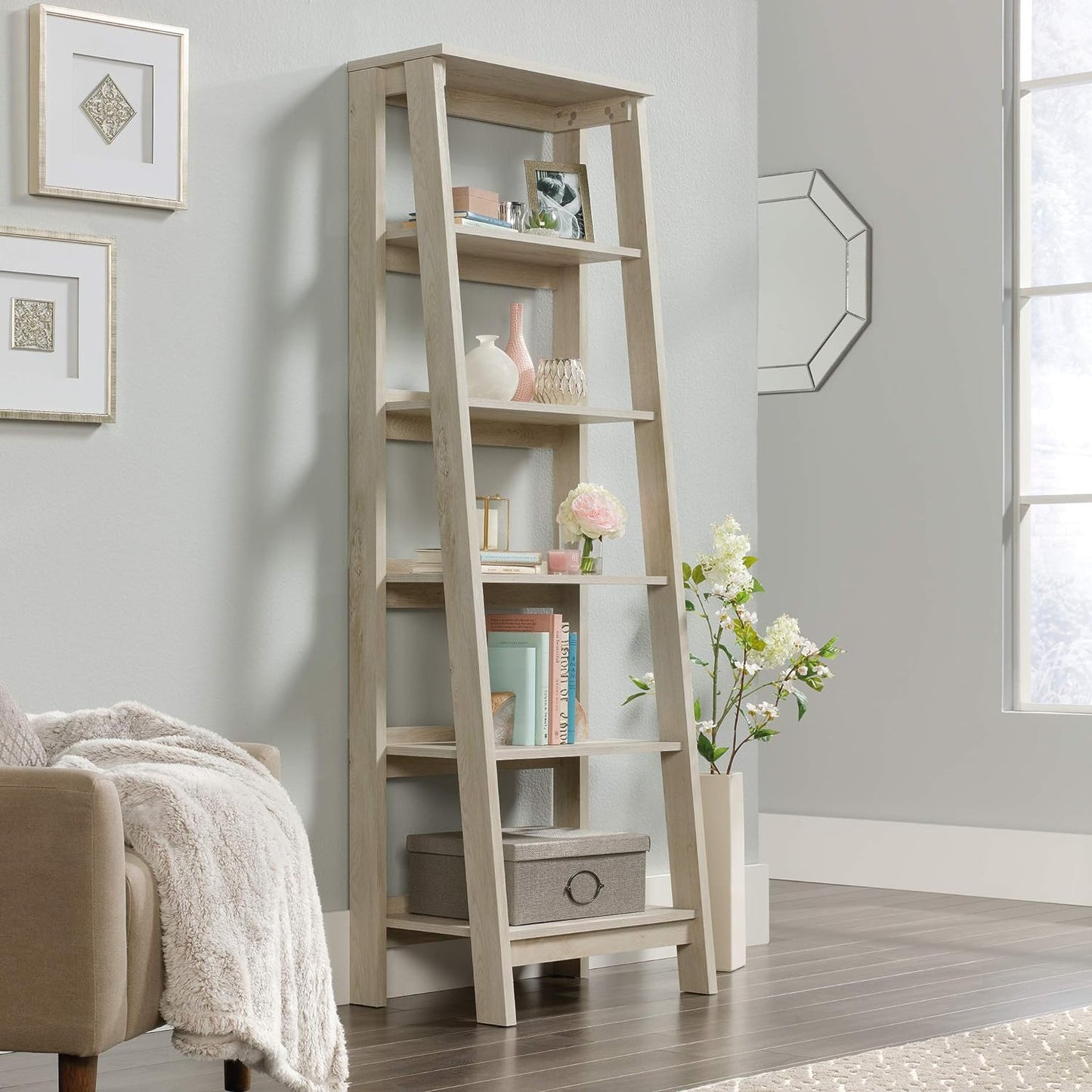 Sauder Trestle 5 Bookcase/Book Shelf, L: 23.54" x W: 16.61" x H: 71.14", Chalked Chestnut finish