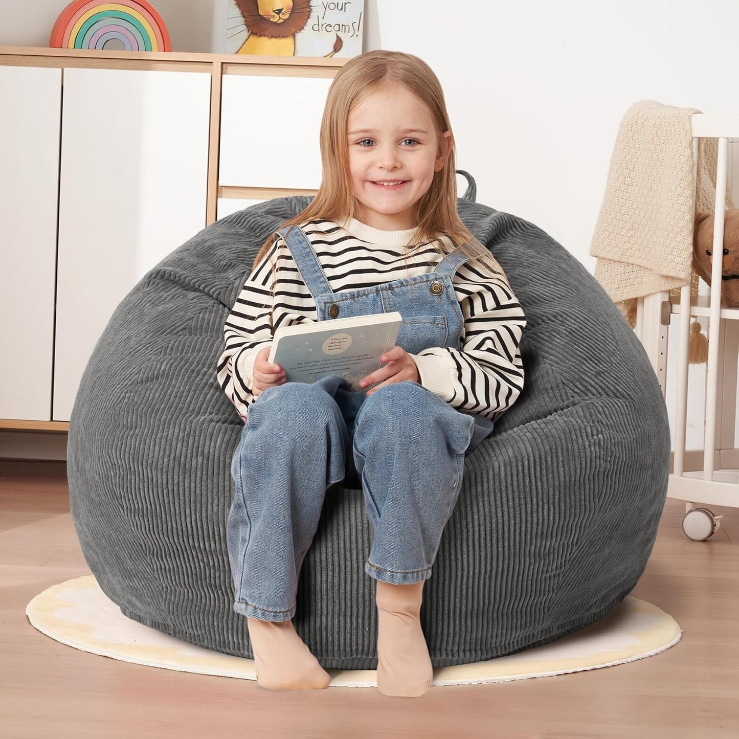 HABUTWAY 2 FT Bean Bag Chair,Giant Bean Bag Chairs,Big Bean Bags with Memory Foam Filled, Large Beanbag Chairs with Soft Corduroy Cover-Grey