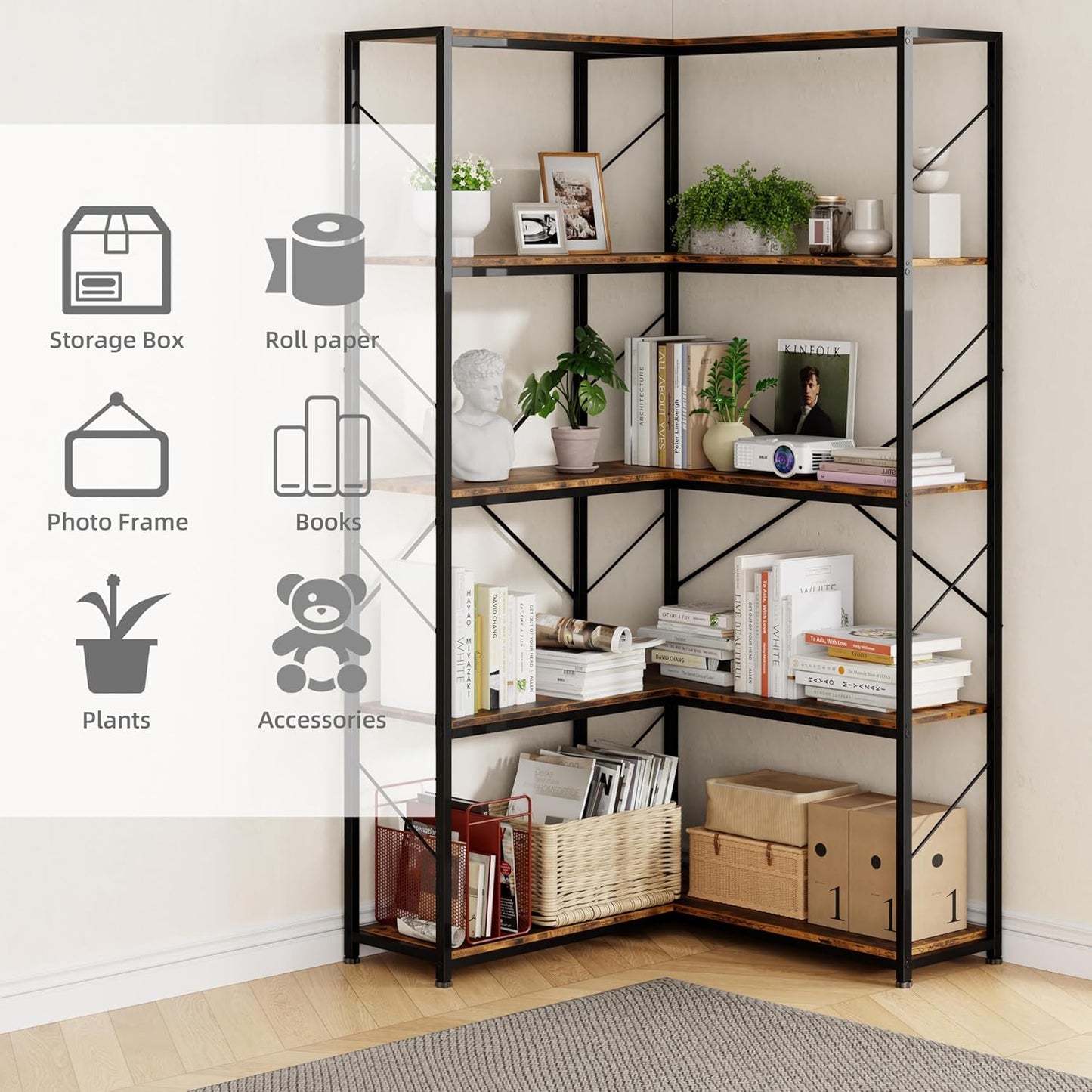 Shintenchi 5 Tier Corner Bookshelf,L Shaped Bookcase,Large Etagere Bookcase,Corner Shelf Display Storage Rack with Metal Frame for Living Room Bedroom Office,Rustic Brown