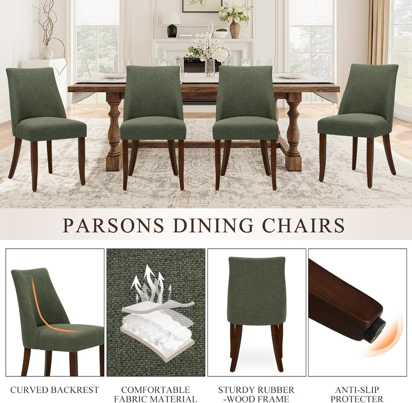 COLAMY Upholstered Dining Chairs Set of 4, Mid Century Modern Kitchen Chairs with Back, Farmhouse Fabric Side Dining Room Chairs with Wood Legs for Dining Room Restaurant, Green