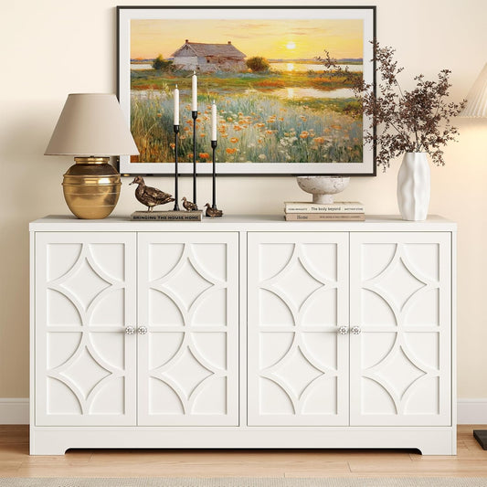 Sideboard Buffet with 4 Doors, Mid-Century Sideboard Cabinet with Adjustable Shelves, Accent Cabinet for Entryway, Living Room, Dining Room, White