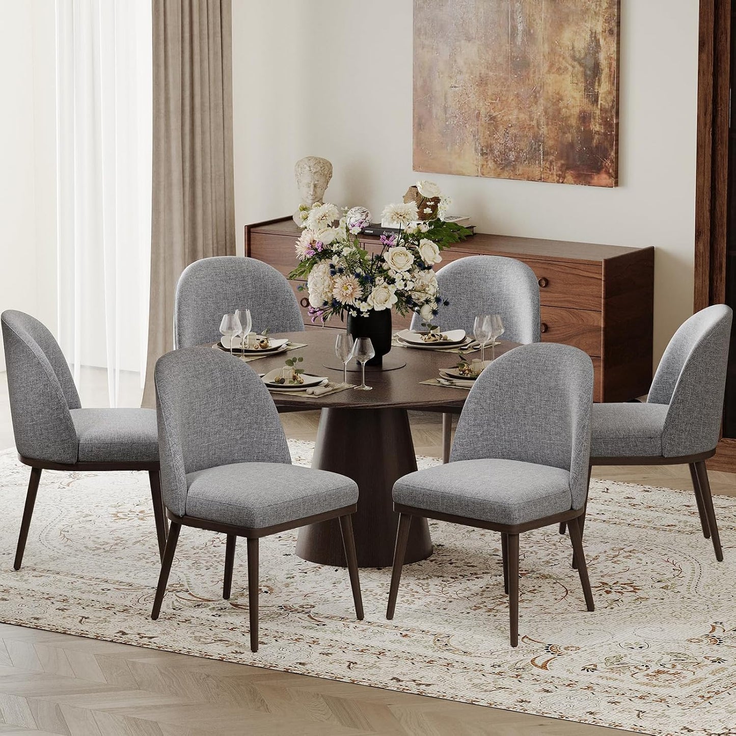 COLAMY Upholstered Dining Chairs Set of 6, Large Dining Room Kitchen Chairs with High Back and Deep Seat, Modern Fabric Dinner Chairs with Wood Legs, Dark Grey